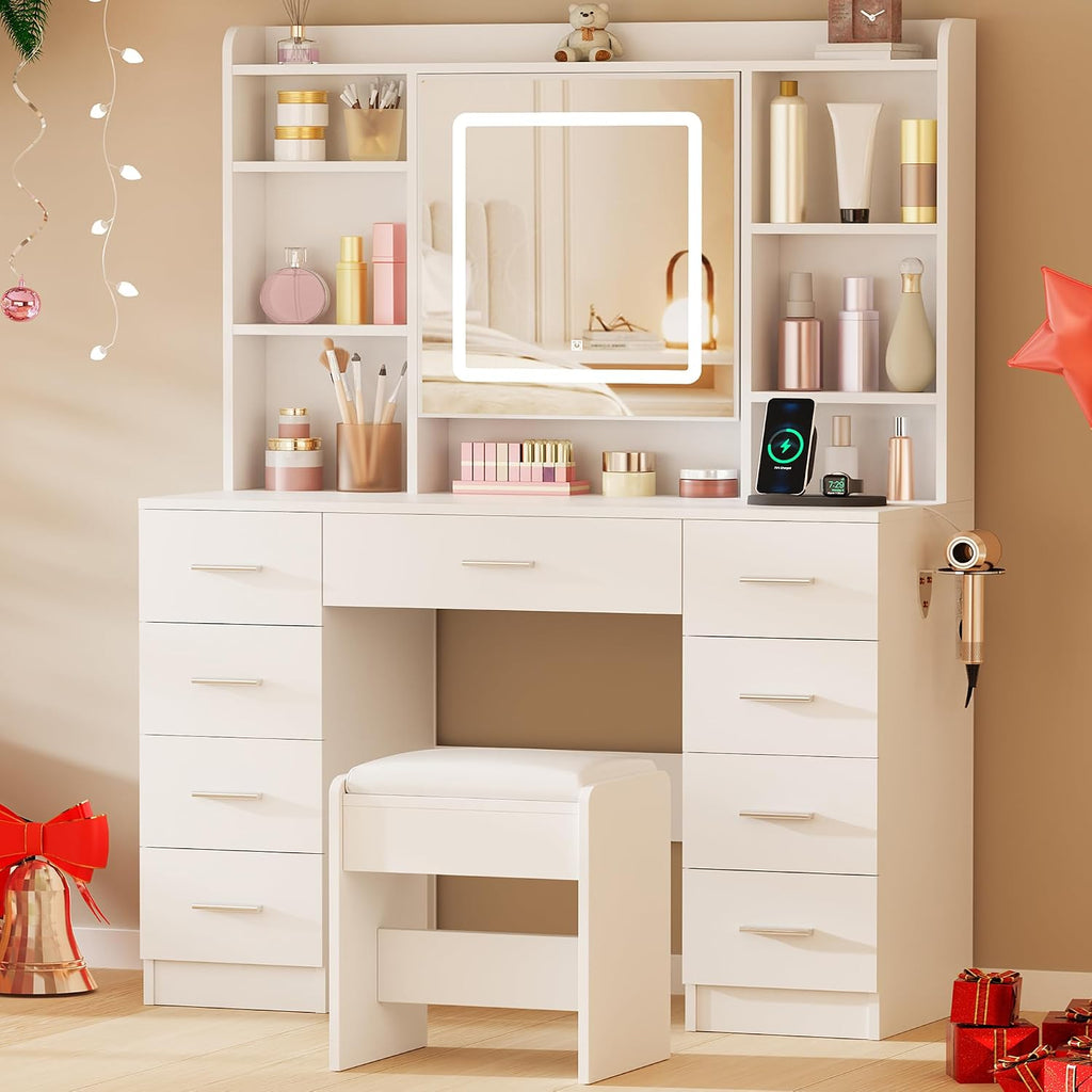 BEWISHOME Vanity Desk with Mirror and Lights, Makeup Vanity Table with Power Outlet,Stool Vanity Table with 9 Drawers 6 Storage Shelves Jewelry Storage,Dressing Table for Bedroom Girls White FST36W