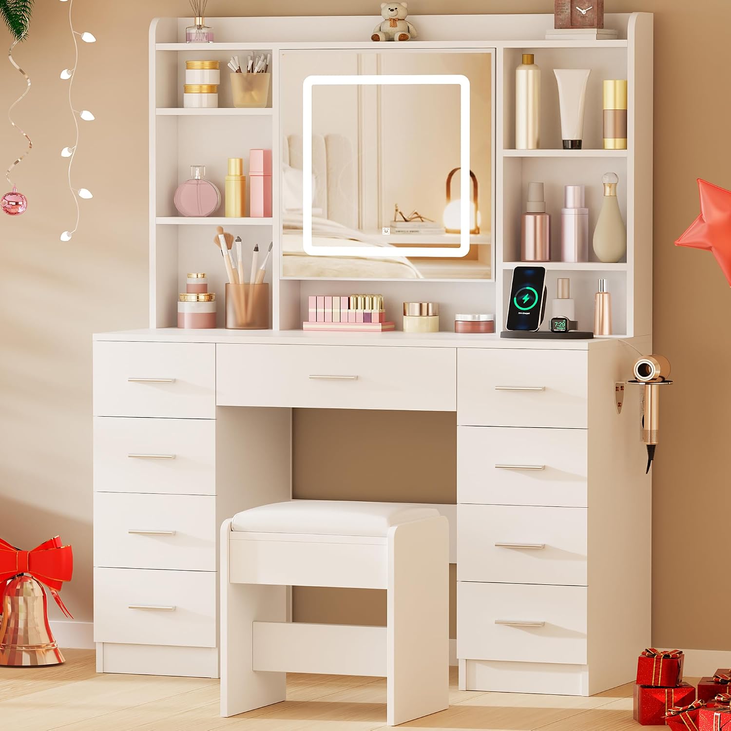 BEWISHOME Vanity Desk with Mirror and Lights, Makeup Vanity Table with Power Outlet,Stool Vanity Table with 9 Drawers 6 Storage Shelves Jewelry Storage,Dressing Table for Bedroom Girls White FST36W