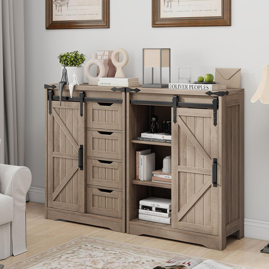Halitaa Bathroom Farmhouse Storage Cabinet, Floor Cabinet with 4 Drawers, Bathroom Cabinet with Sliding Door, Rustic Storage Organizer for Kitchen, Living Room, Rustic Style, Grey