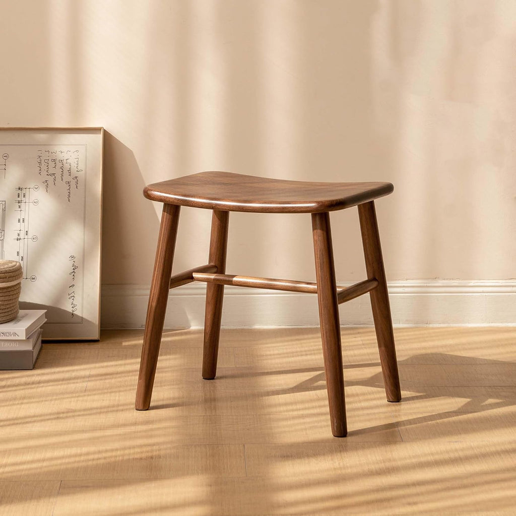 YESWOOD Small Vanity Stool, Black Walnut Wood Makeup Chair, Curved Surface Footstool for Bedroom, Dining Room, Entryway, Walnut Color
