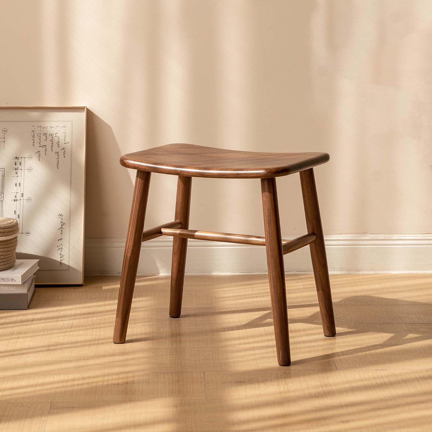 YESWOOD Small Vanity Stool, Black Walnut Wood Makeup Chair, Curved Surface Footstool for Bedroom, Dining Room, Entryway, Walnut Color