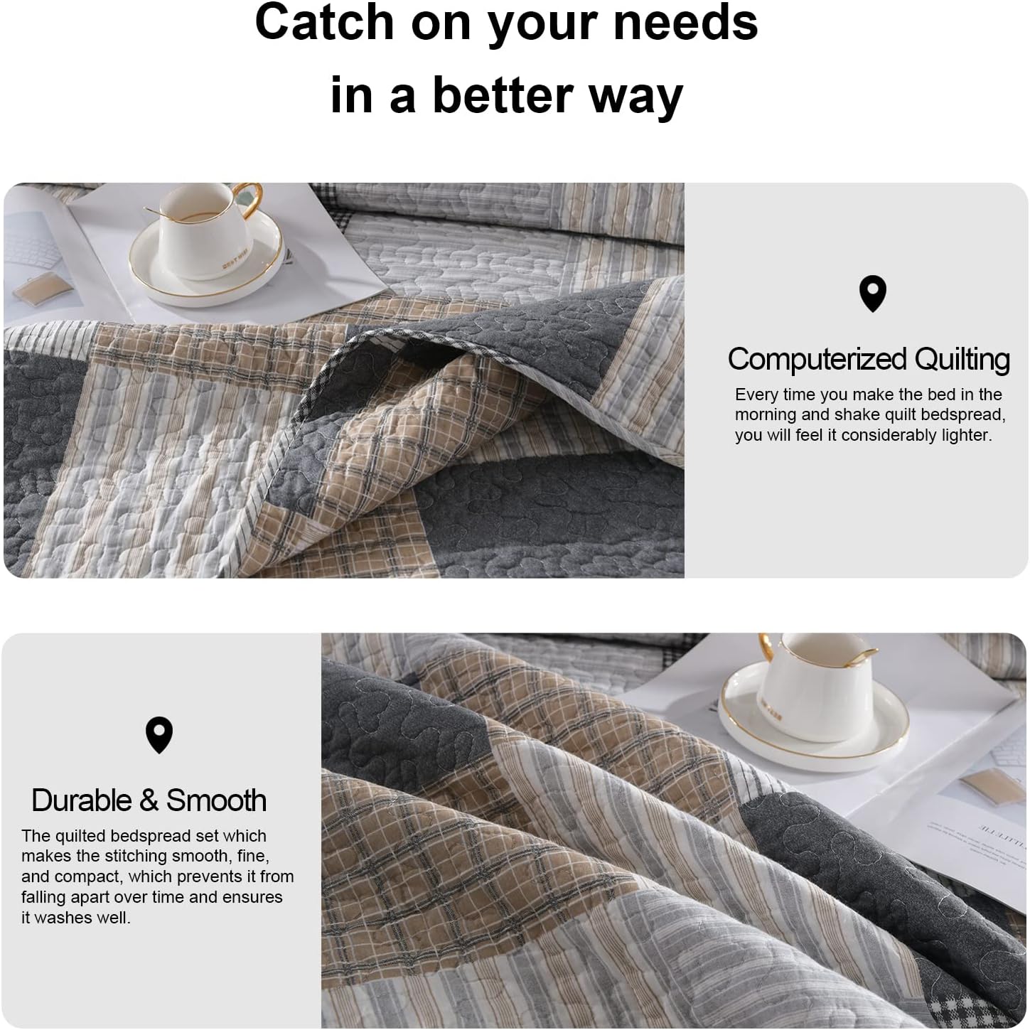 PANGUSHAN 100% Cotton Quilt Set King Size,Patchwork Plaid Bedding Bedspreads,Farmhouse Lightweight Comforter Reversible Quilt,White/Gray/Grey/Tan/Black/Cream Bed Spread King,3 Pieces