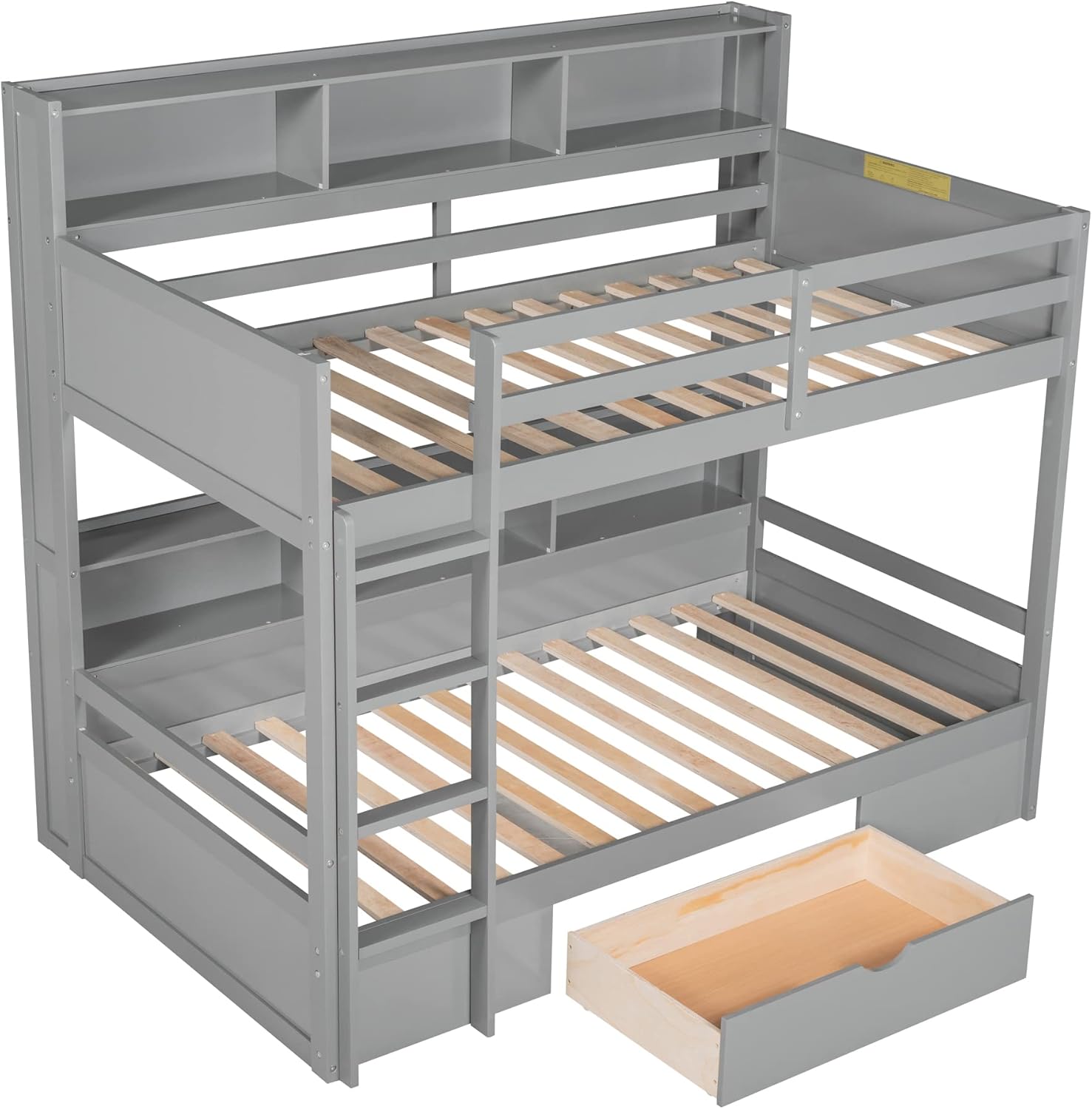 RUNNA Unique Solid Wood Bunk Bed with Storage Drawer and Built-in Shelves,Twin Size Bunk Bed with Safeguard Railings and Ladder,for Kids Teens Bedroom Use (Gray#q)