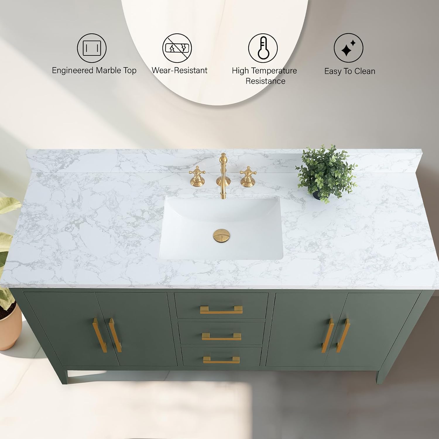 Vanity Art 60 inch Bathroom Vanity with Single Sink & Ceramic Top, Vanity Cabinet with Soft-Closing Doors, Drawers, Solid Wood Frame, Vintage Green, VA9060-SVG-BN1