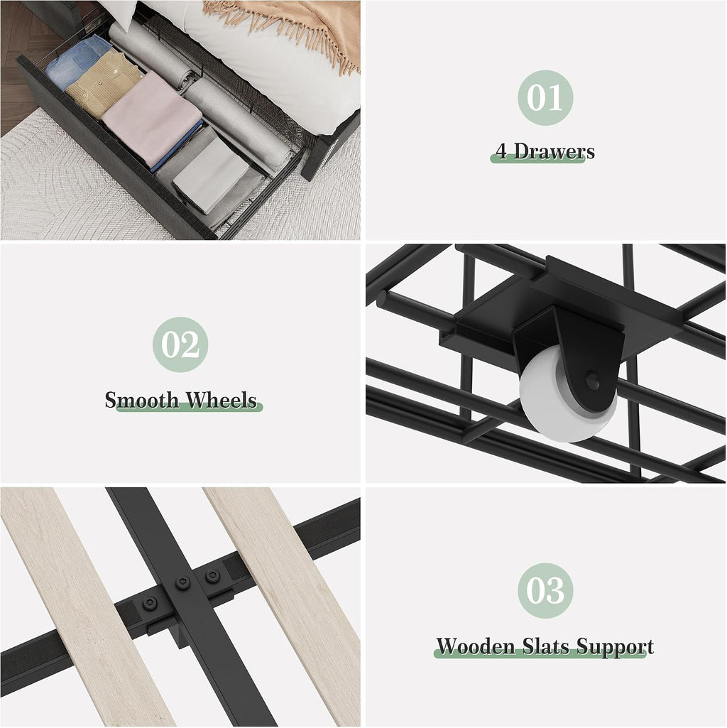Upholstered Full Bed Frame with 4 Storage Drawers，Wingback Headboard with Charging Station, Diamond Stitched Button Tufted Design, No Box Spring Needed, Black