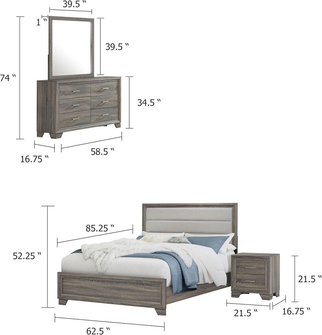 Benzara Reay 4 Piece Queen Bedroom Set with Dressers, Upholstered, Gray Brown