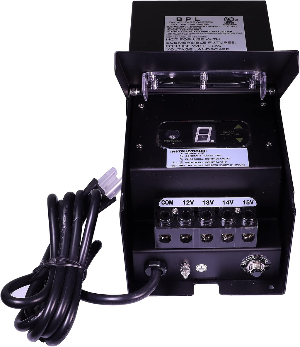 300W Watt Low Voltage Landscape Transformer Multi Tap 120 Volt AC to 12-15 Volt LED & Halogen - Lighting Outdoor/Indoor Weatherproof w Digital Timer Photocell Sensor - Black Metal Case