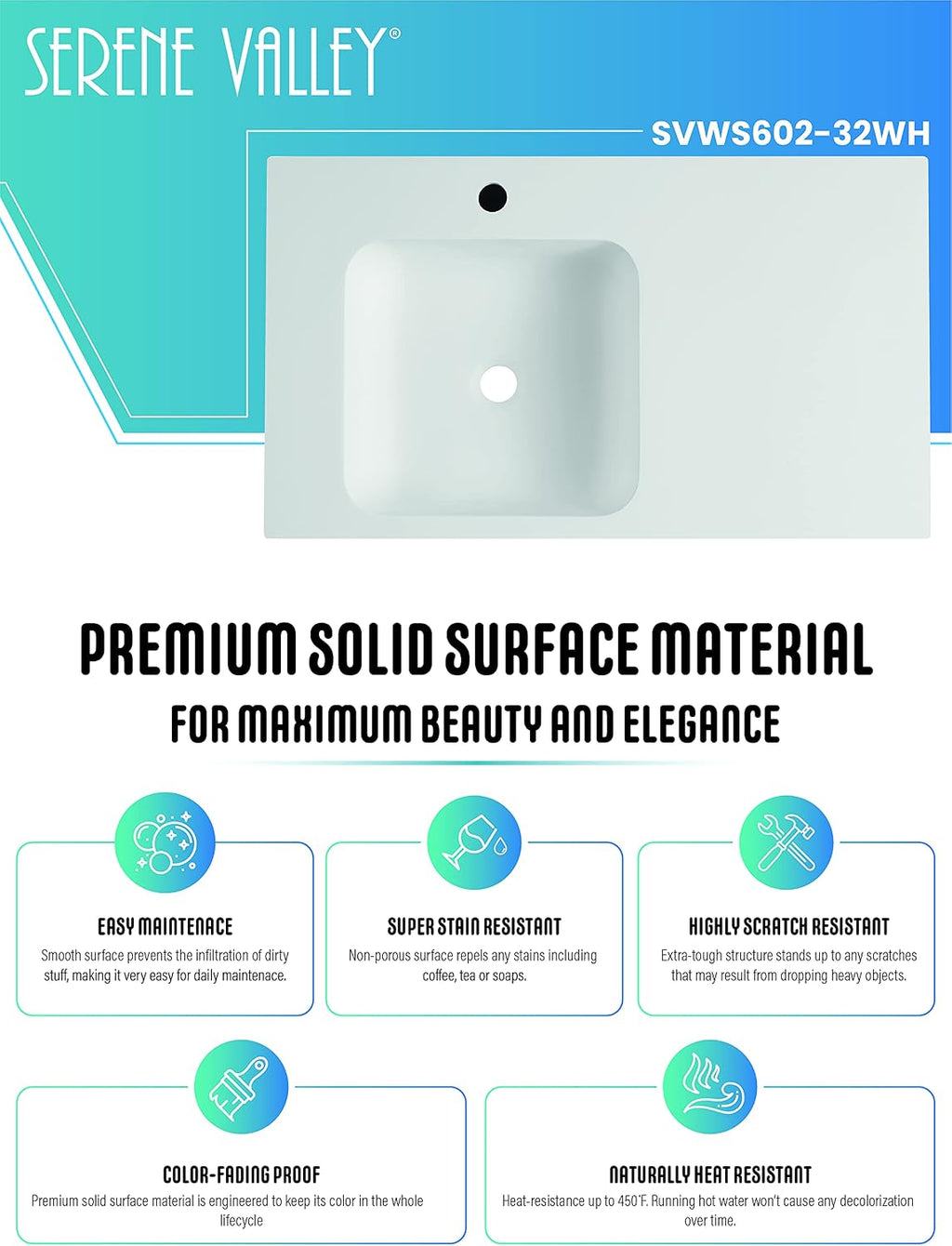 Serene Valley Bathroom Sink, Wall-Mount or On Countertop, 32' with Square Sink and Flat Space, Single Faucet Hole, Solid Surface Material