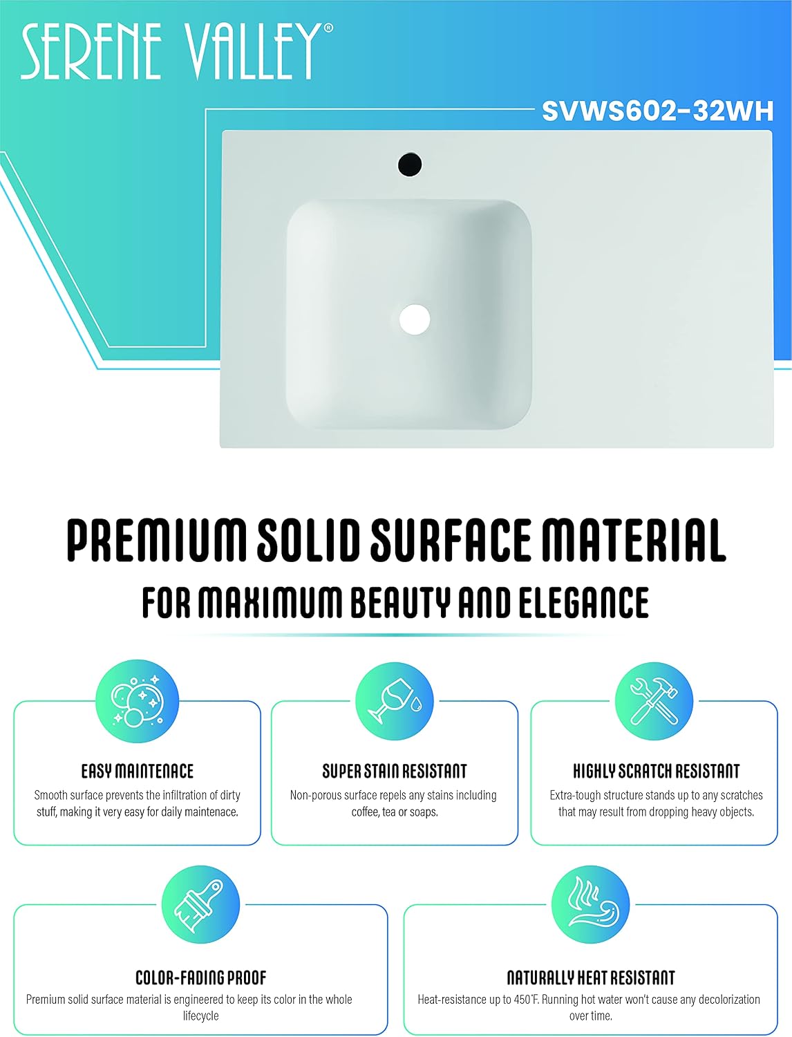 Serene Valley Bathroom Sink, Wall-Mount or On Countertop, 32' with Square Sink and Flat Space, Single Faucet Hole, Solid Surface Material