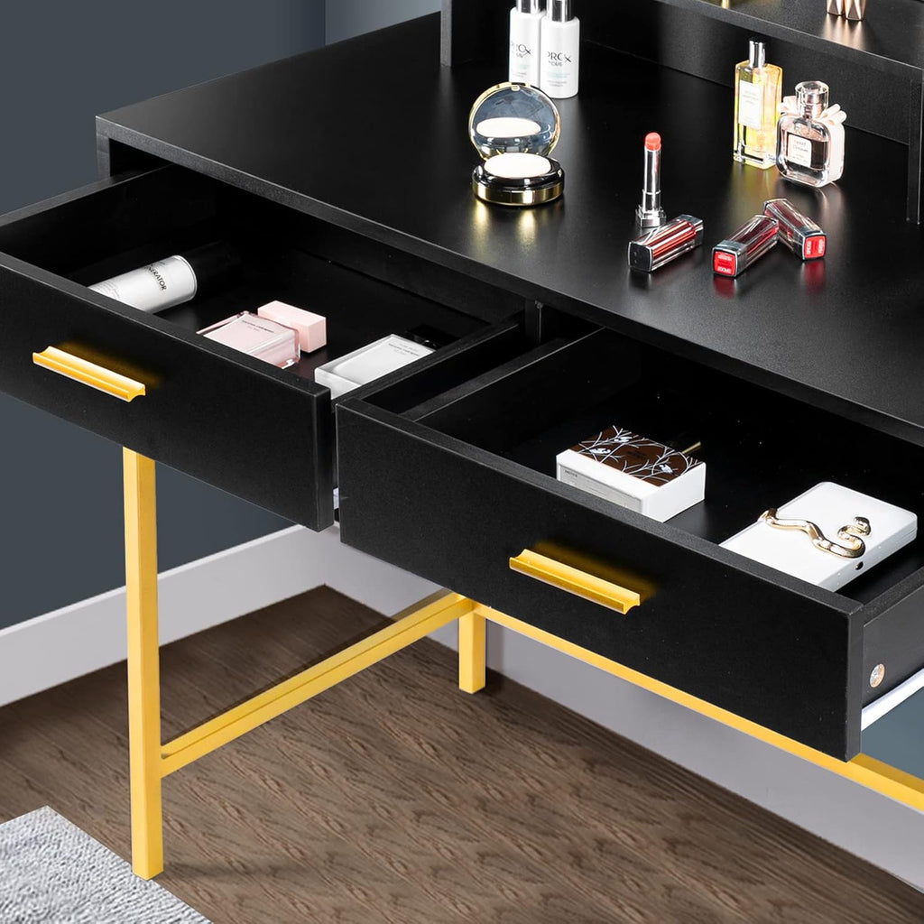 VINGLI Large Vanity Set with Lighted Mirror,Modern Makeup Vanity Table Set with LED Lights in 3 Colors,Bedroom Dressing Table with 2 Large Drawers and Storage Shelves for Women,Black&Gold