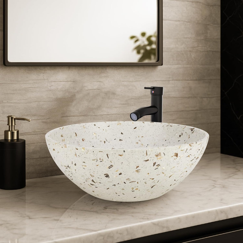 YIMAI Terrazzo Vessel Sink with Faucet and Drain, 15.7' Round Concrete Bathroom Sink Above Counter, Modern Artisanal Wash Basin Bowl with Matte Finish, Easy Install Combo Set for Vanity