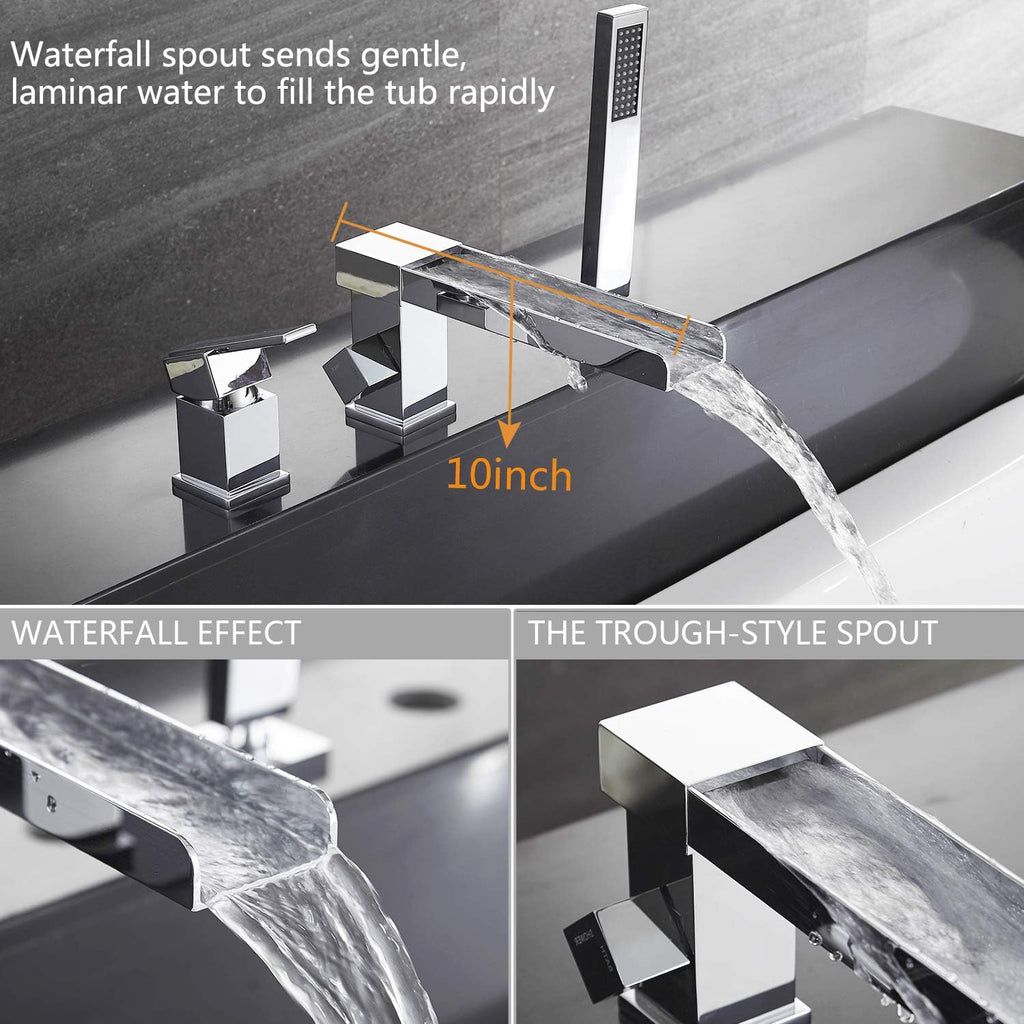 Waterfall Bathtub Faucet with Sprayer, 3-Hole Roman Tub Filler with Hand Shower Deck Mount Waterfall Tub Spout Set Chrome