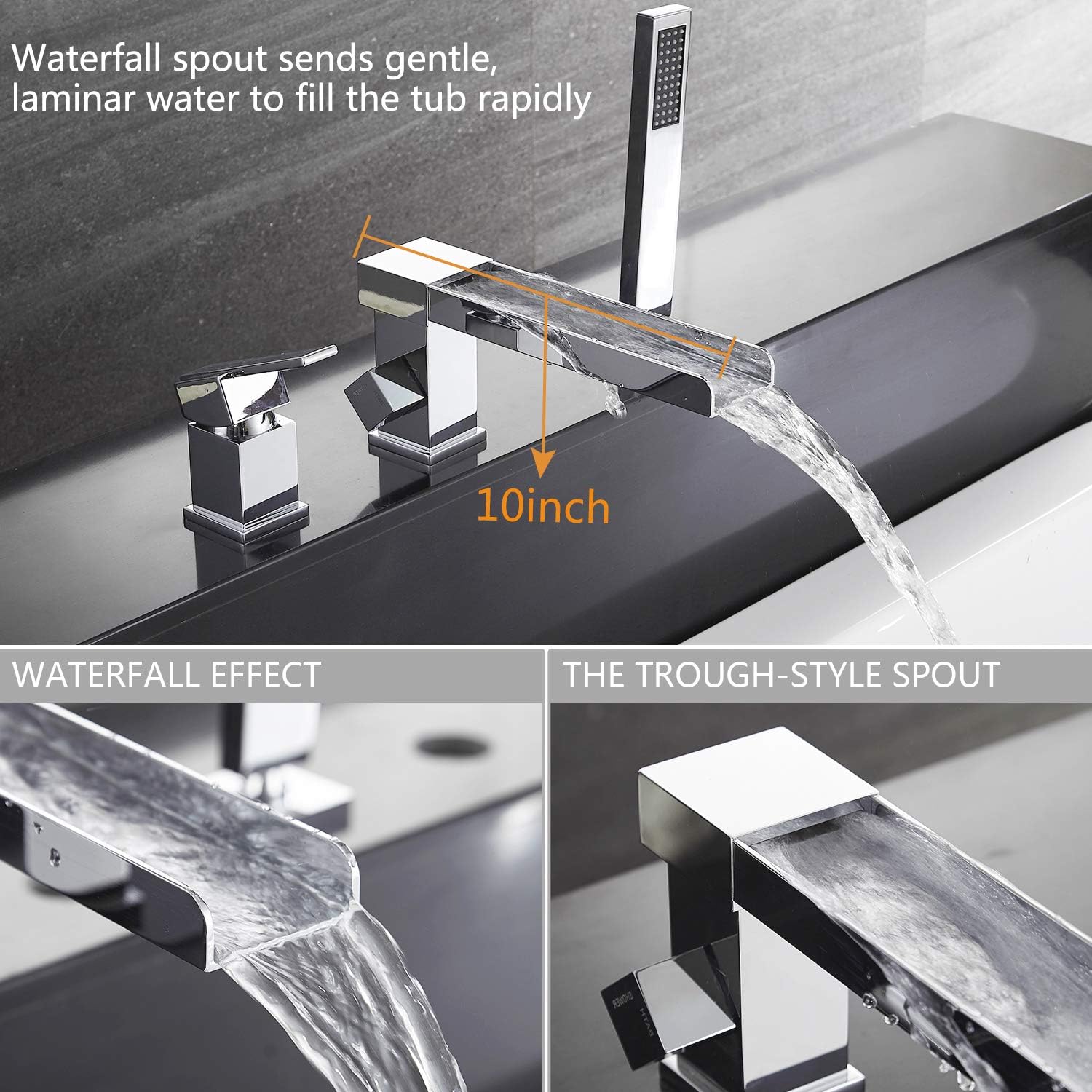 Waterfall Bathtub Faucet with Sprayer, 3-Hole Roman Tub Filler with Hand Shower Deck Mount Waterfall Tub Spout Set Chrome