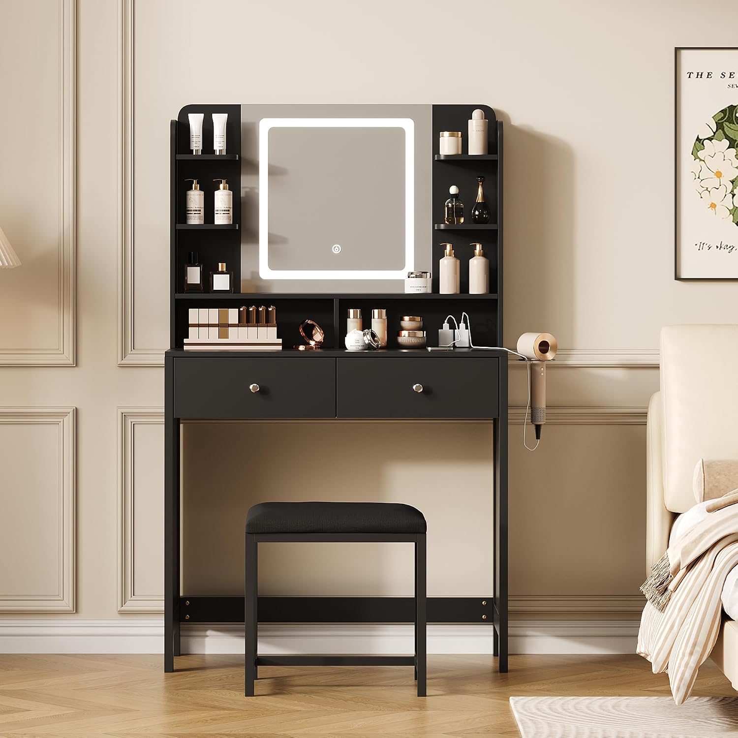 Black Vanity with Lighted Mirror, 8 Shelves, 2 Drawers, Charging Station, Hair Dryer Holder & Stool, LED Mirror with 3 Light Modes