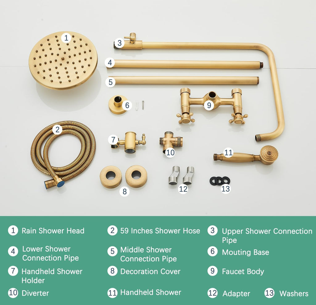 Antique Brass Shower System Bathroom Shower Faucet Set with 8 Inch Rainfall Shower Head Handheld Spray 2 Cross Handles Wall Mounted Outdoor Shower Fixtures Solid Brass