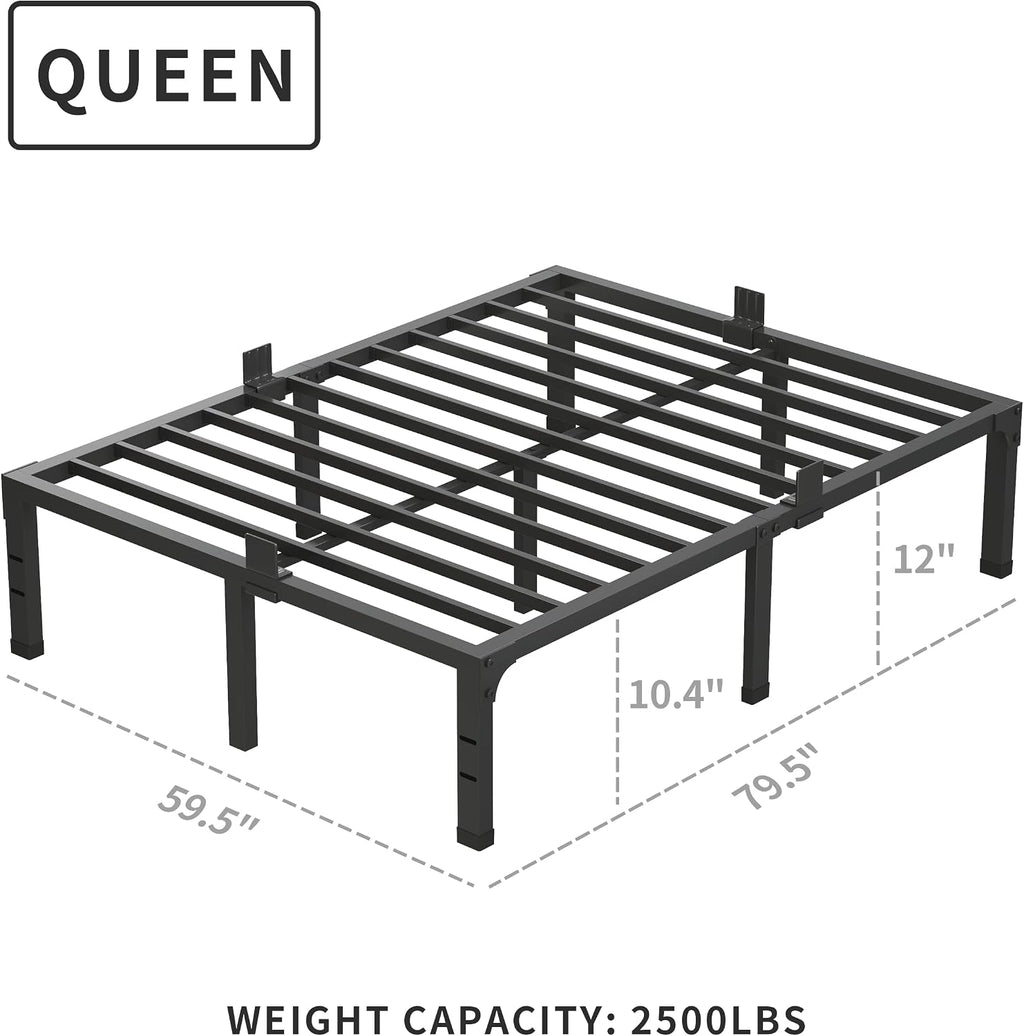 MAF 12 Inch Queen Bed Frames with Mattress Slide Stopper Black Heavy Duty Metal Platform Bed Frame Steel Slat Support, No Box Spring Needed, Noise Free, Easy Assembly