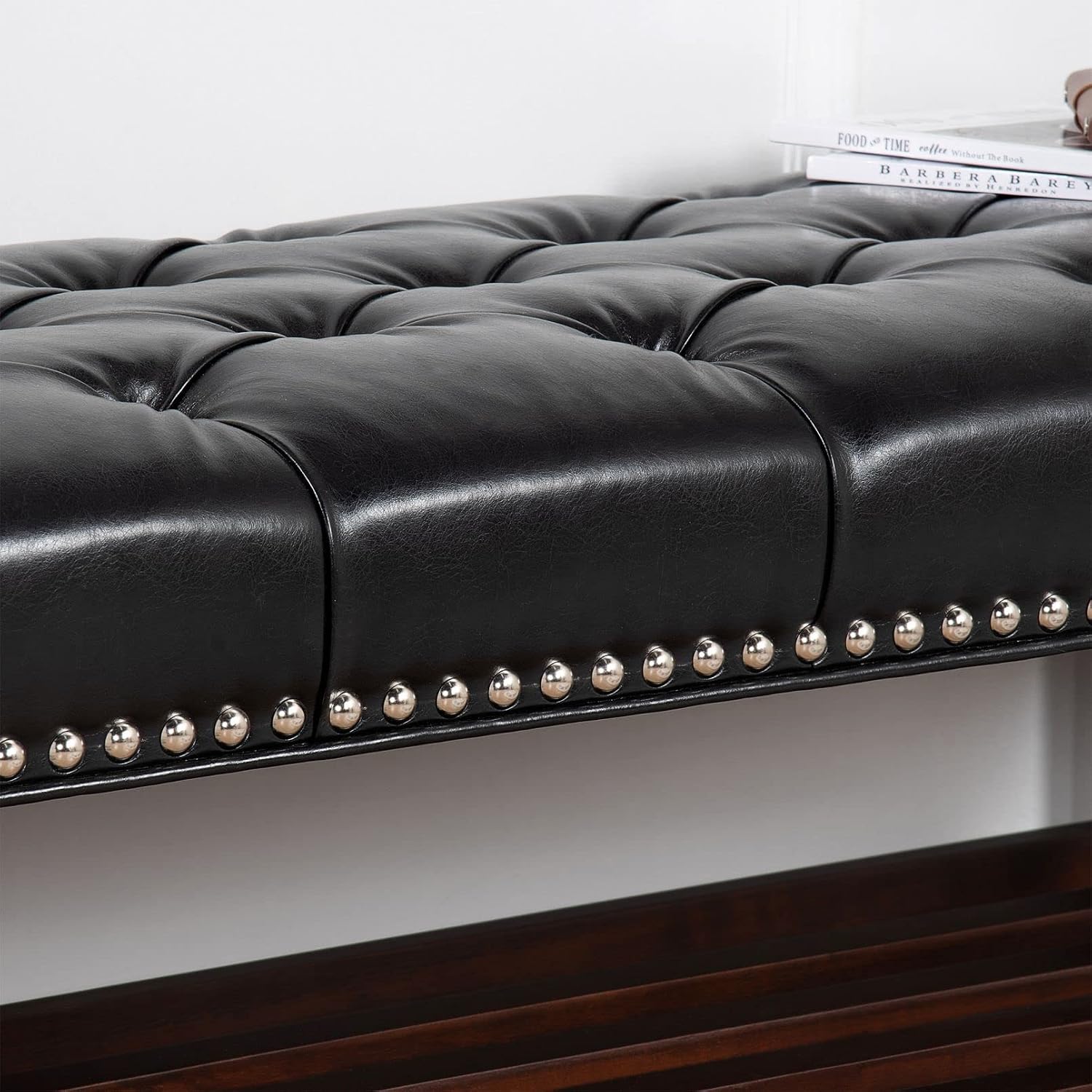 60in Button-Tufted Leather Indoor Bench,Black Upholstered Shoe Bench Entryway, Bedroom Bench Seat, End of Bed Ottoman, Vanity Bench with Wooden Base Shoes Rack (Brown+Wooden)(Black+Wooden)