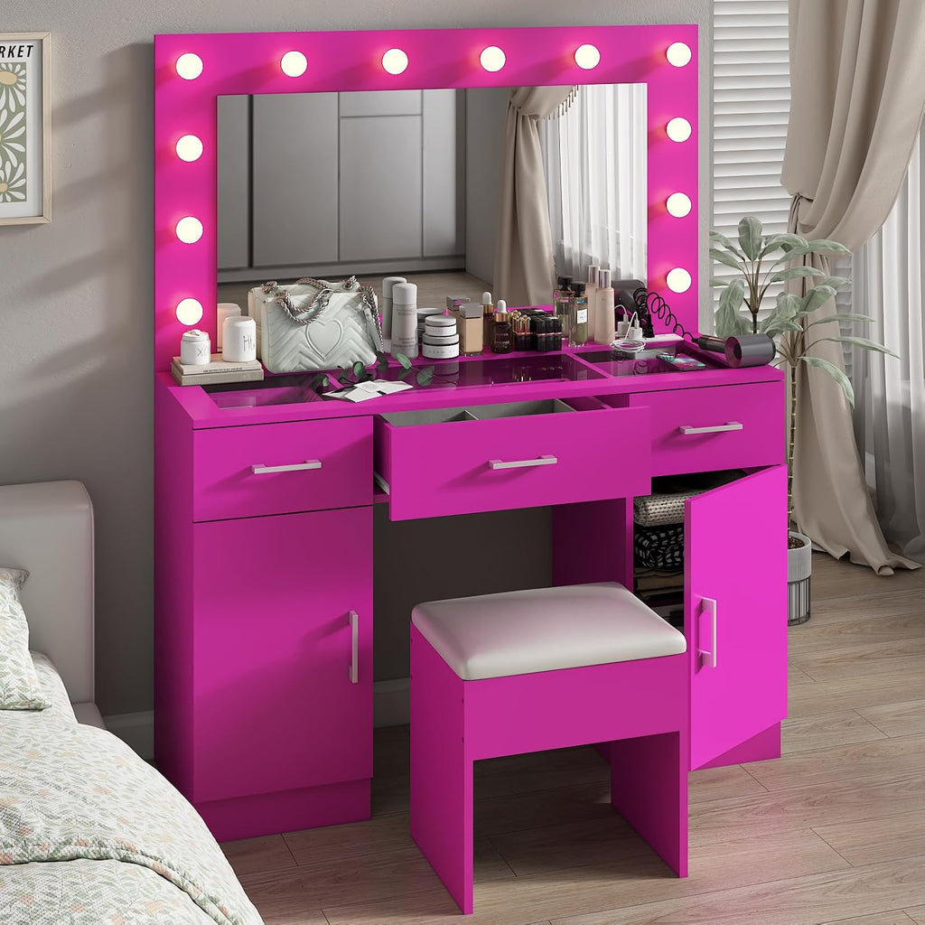 VINGLI Vanity Desk with LED Lighted Mirror & Padded Stool, Makeup Table with Drawers & Cabinets & Power Outlet & Glass Top & 12 Light Bulbs with 3 Colors for Dressing Room Bedroom, Bright Pink