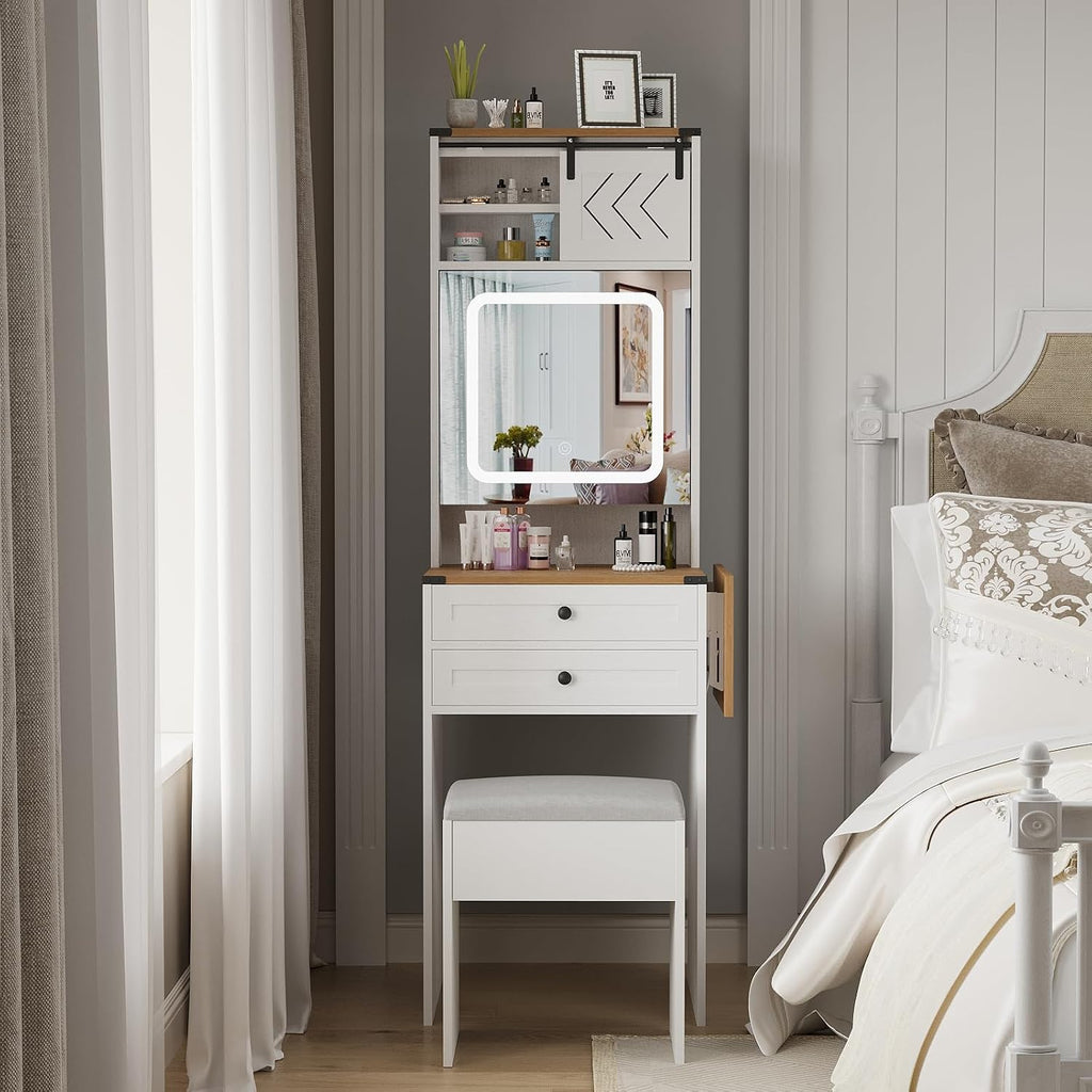 ARTETHYS Farmhouse Small Vanity Desk Set with Mirror Cabinet Mini Makeup Vanities Set with 3 Adjustable Lights and Storage Chair for Compact Space, White Dressing Table with Fold-up Panel