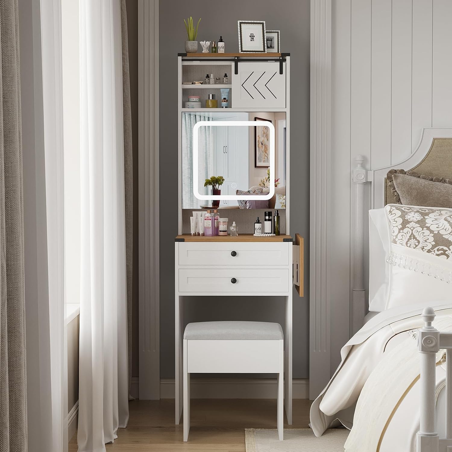 ARTETHYS Farmhouse Small Vanity Desk Set with Mirror Cabinet Mini Makeup Vanities Set with 3 Adjustable Lights and Storage Chair for Compact Space, White Dressing Table with Fold-up Panel