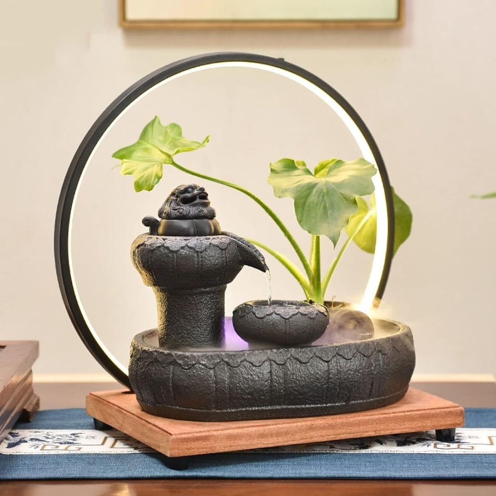 Desktop Fountain Ceramic Tabletop Fountain with Wooden Base and LED Light Ring Indoor for Home Decoration Table Desk Office Patio
