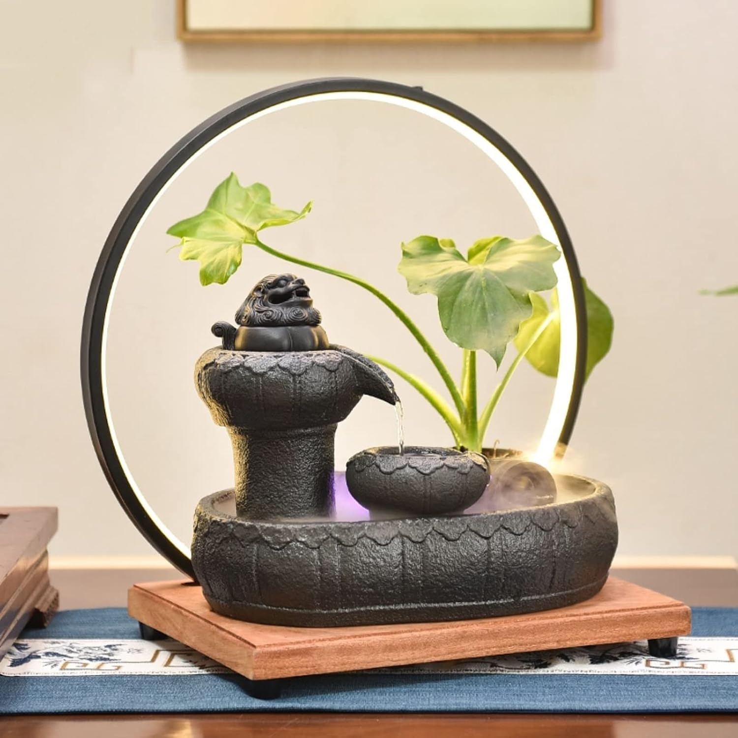 Desktop Fountain Ceramic Tabletop Fountain with Wooden Base and LED Light Ring Indoor for Home Decoration Table Desk Office Patio
