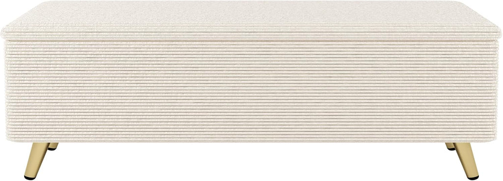 Modern 2-Pieces Bedroom Sets, Corduroy Queen Size Platform Bed with Storage Ottoman, Upholstered Platform Bed Frame with Horizontal Stripe Headboard and Metal Legs, Sturdy Slats Support (Beige-D)