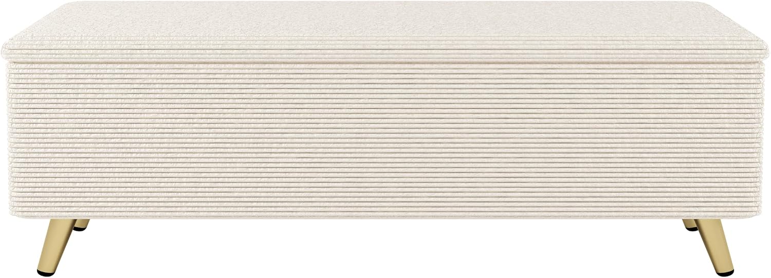 Modern 2-Pieces Bedroom Sets, Corduroy Queen Size Platform Bed with Storage Ottoman, Upholstered Platform Bed Frame with Horizontal Stripe Headboard and Metal Legs, Sturdy Slats Support (Beige-D)