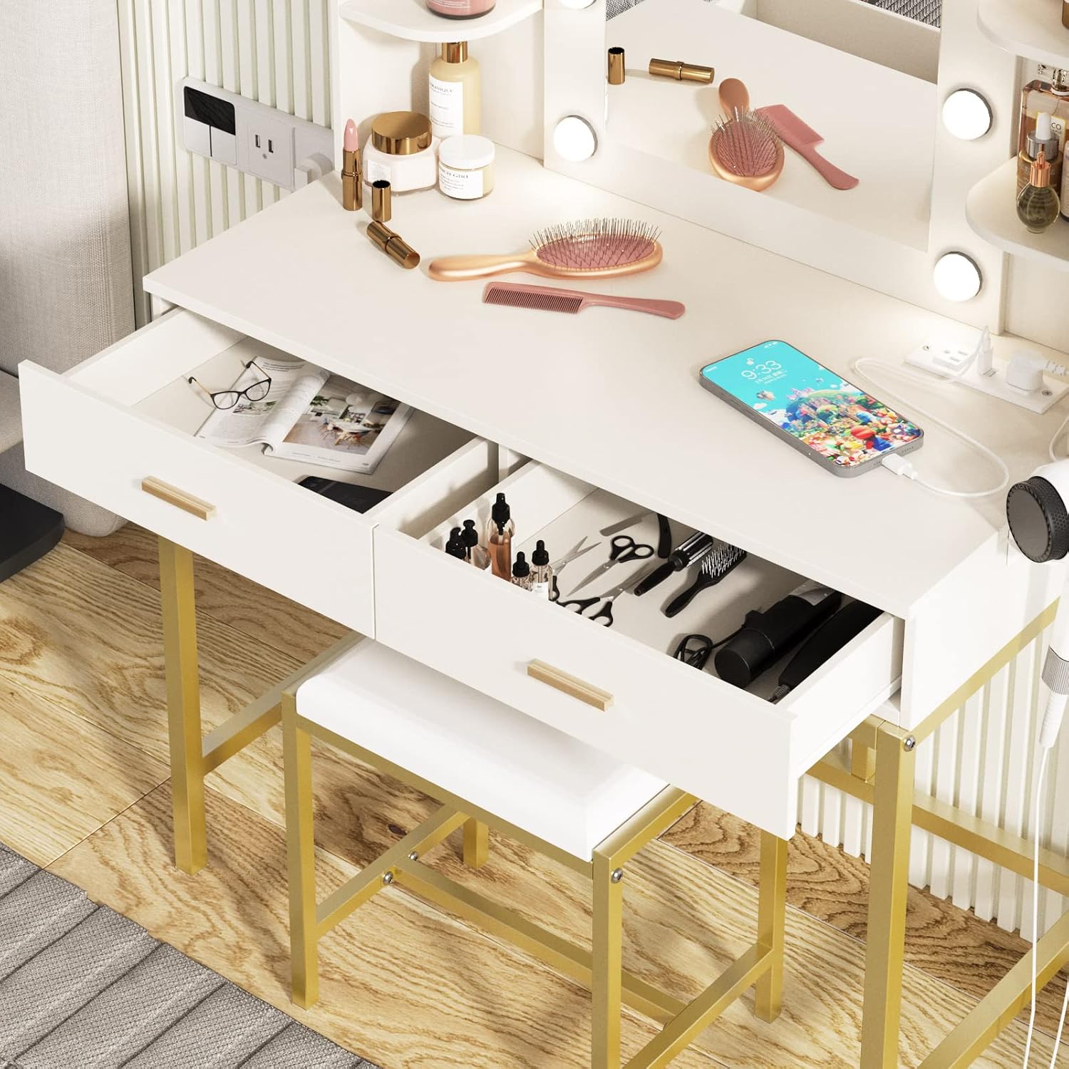 Vabches Vanity Desk with Mirror and 10 Led Lights, with Charging Station,Makeup Vanity Table Set with Lighted Mirror, with 3 Lighting Modes and 2 Drawers&Cushioned Stool for Bedroom