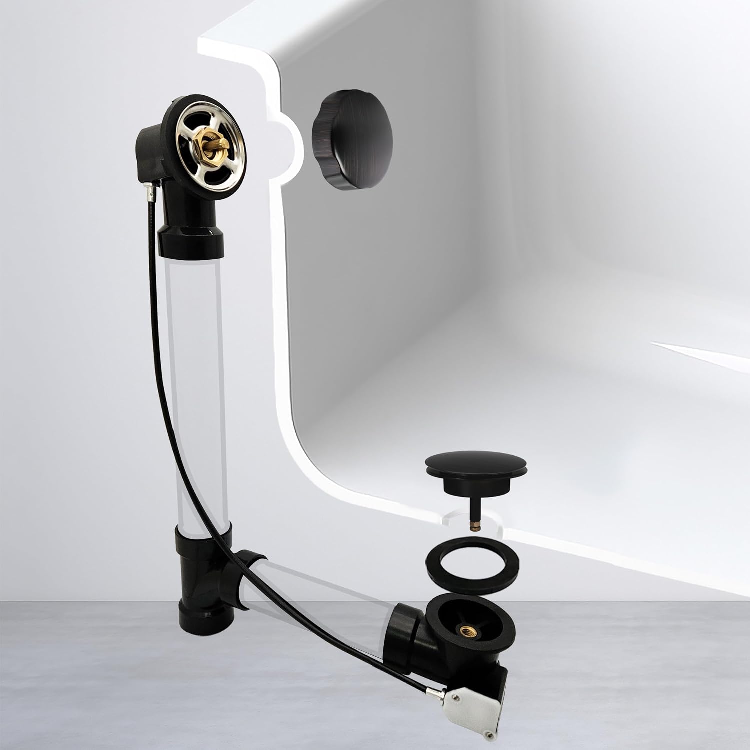 Westbrass A50A27-12A 27' SCH. 40 ABS Cable Driven Bath Drain Trim Kit with Rotary Overflow Cover Knob and Pop-Up Stopper, Antique Bronze