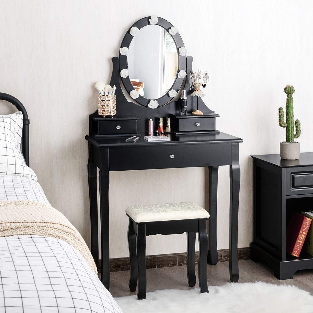 Giantex Vanity Set with Lighted Mirror, Makeup Table with 10 Rose Light, Modern Dressing Desk with Cushioned Stool, 3 Drawers and 360° Rotating Mirror for Bedroom, Vanity Table with Stool (Black)
