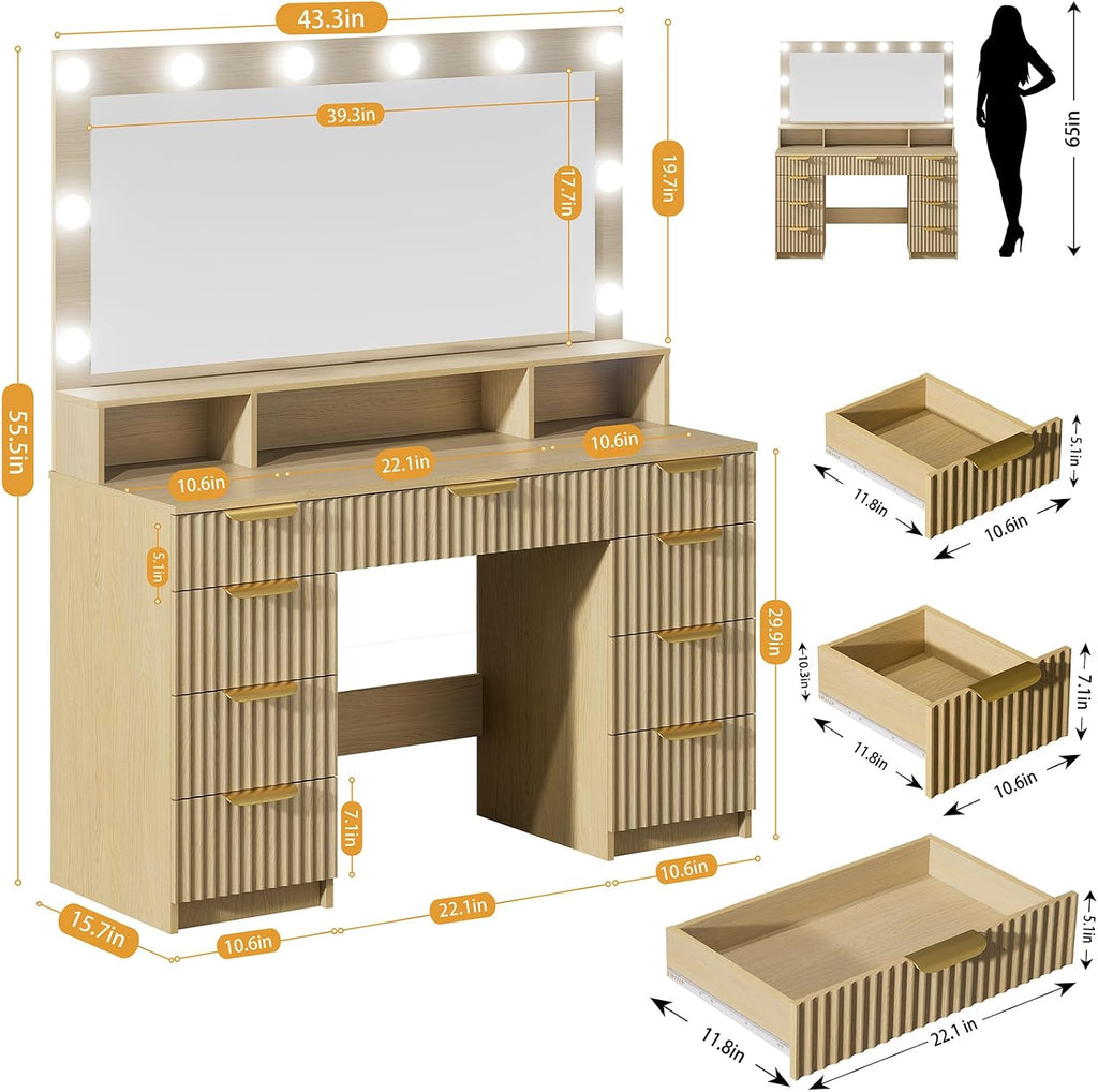 Fluted Vanity Desk with Mirror and Lights, Modern Make up Vanity Dressing Table with 9 Drawers & Large Mirror, Large Vanity Desk with Charging Station for Girls, Women, Bedroom, Natural Oak