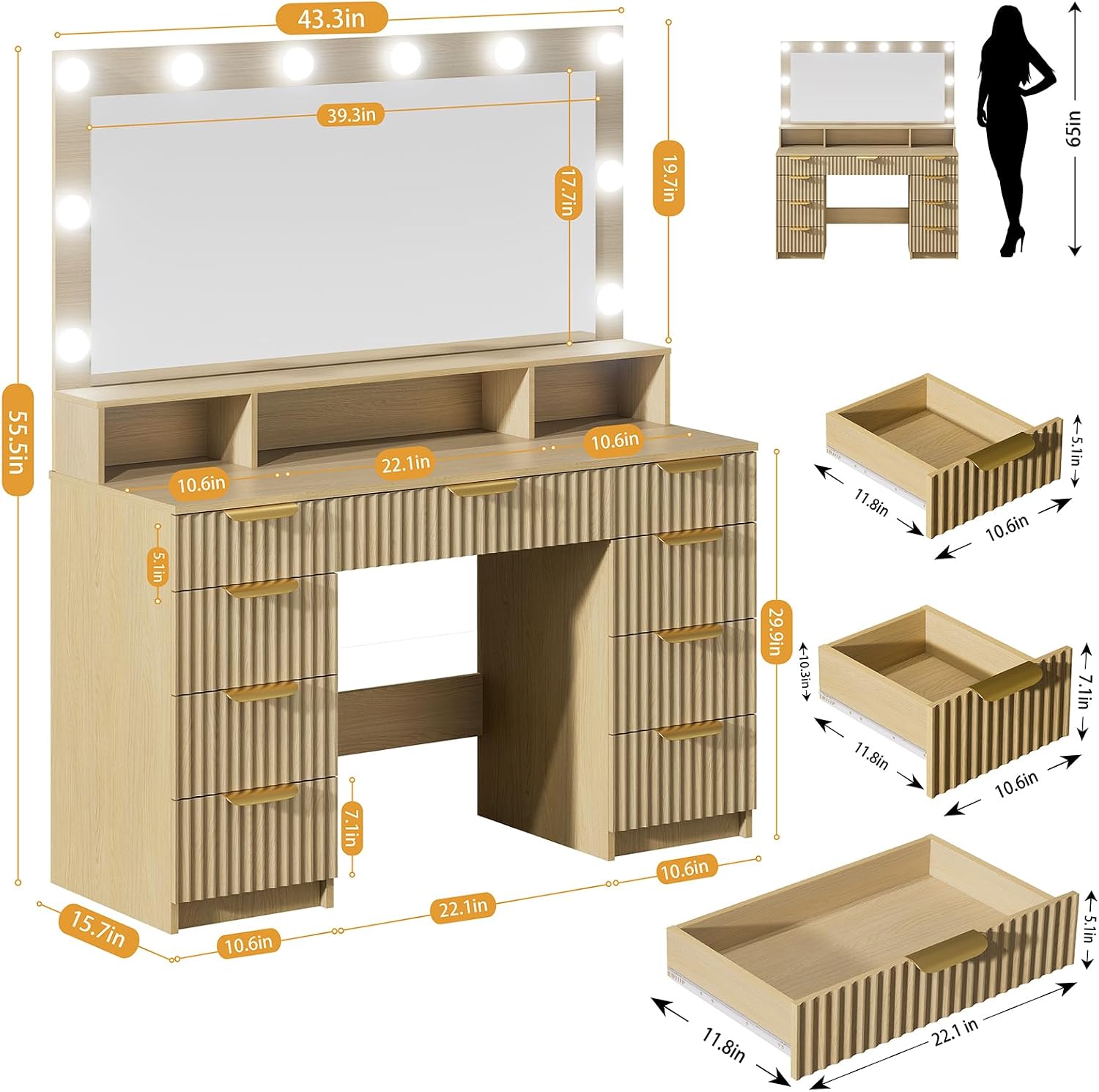 Fluted Vanity Desk with Mirror and Lights, Modern Make up Vanity Dressing Table with 9 Drawers & Large Mirror, Large Vanity Desk with Charging Station for Girls, Women, Bedroom, Natural Oak