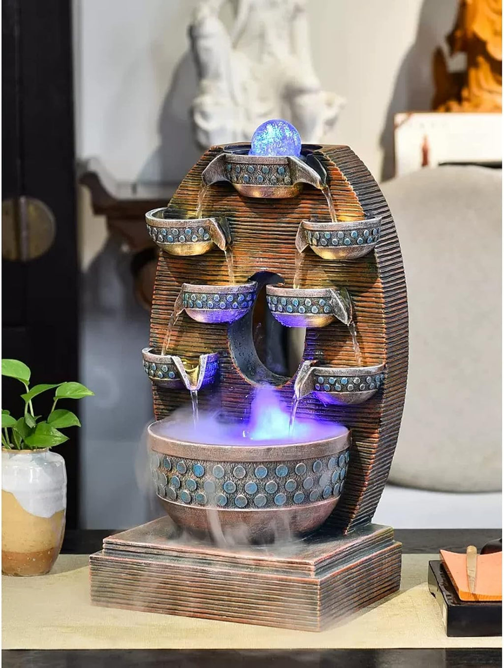 Tabletop Fountain Resin Tabletop Fountain with Pump Indoor Waterfall Desktop Water Decor 4 Level Portable Decorative Meditation for Home and Office