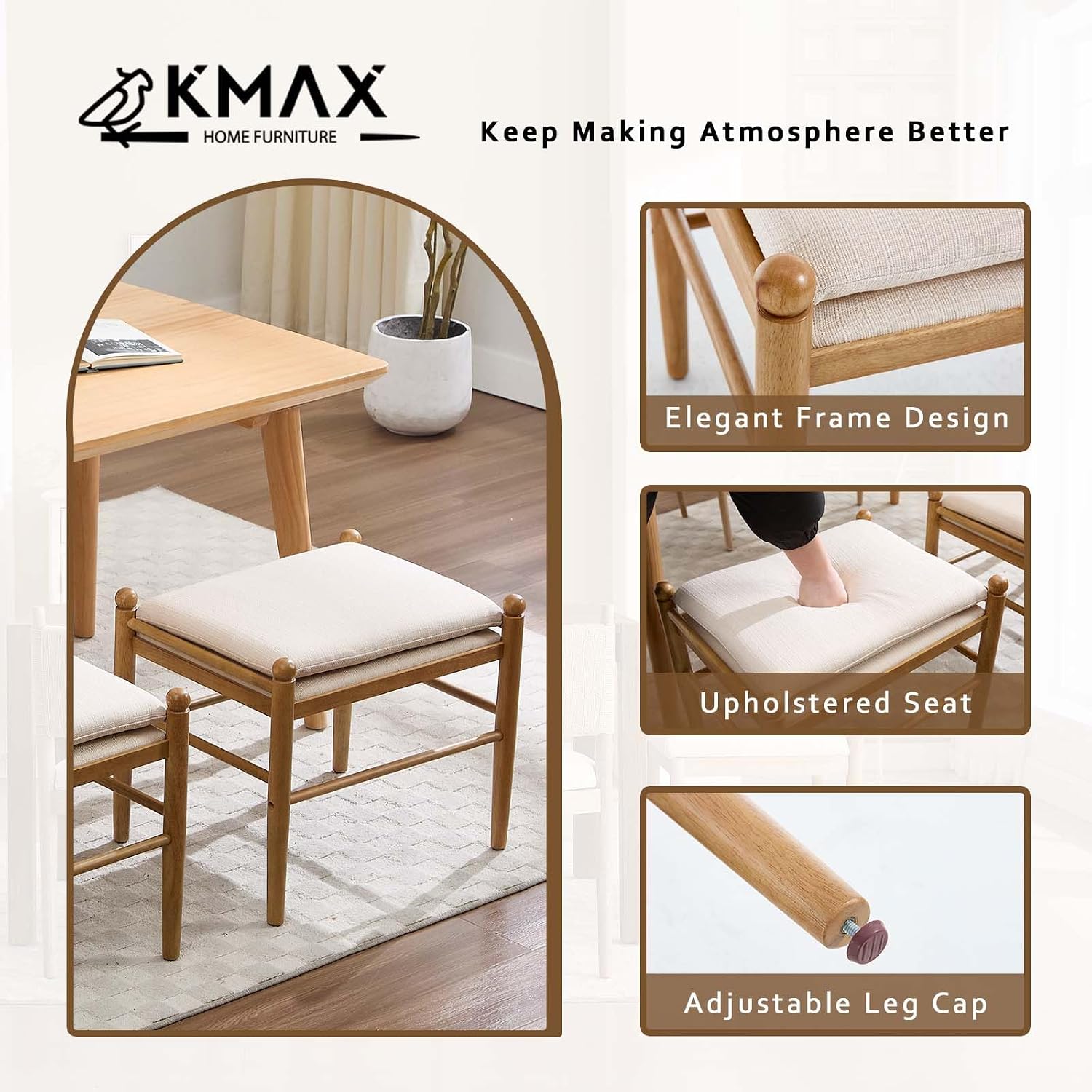 Kmax Ottoman Bench, 19 Inch Tall Vanity Chairs No Wheels, Upholstered Ktichen Chairs Backless Farmhouse Wooden Side Chairs for Dining Room, Extra Seating for Living Room - Linen, Beige