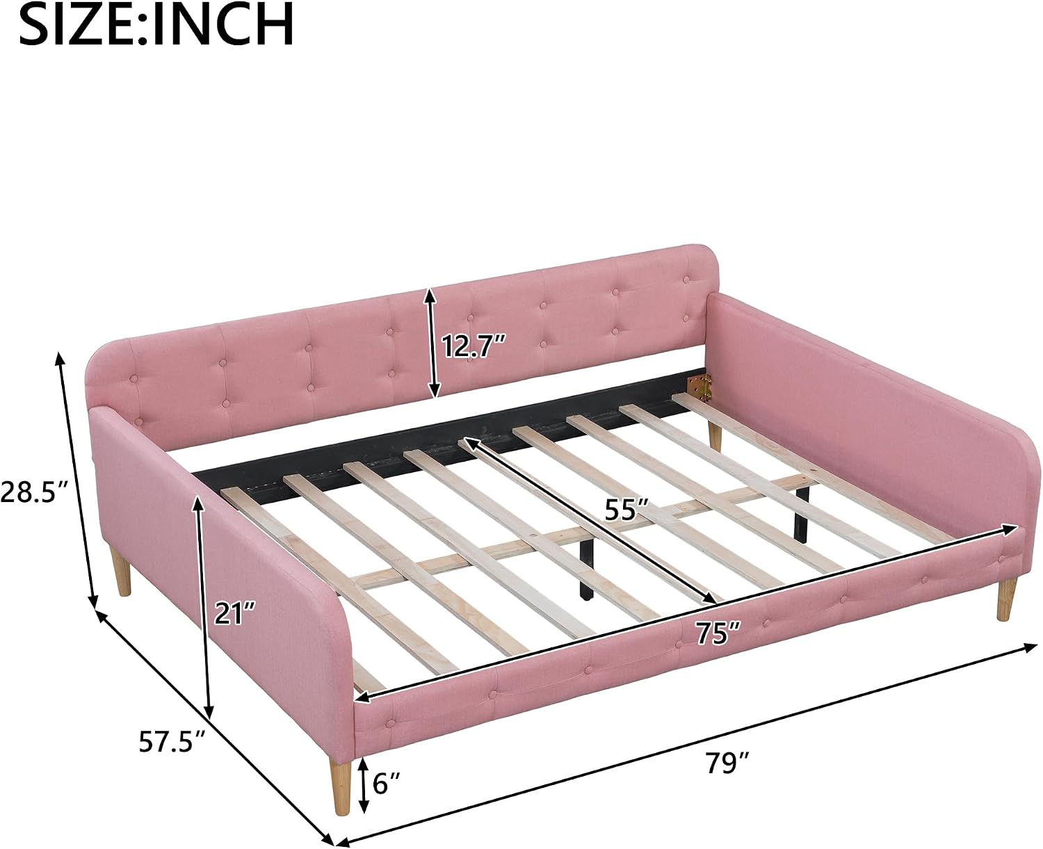 Merax 79' Full Size Linen Upholstered Daybed with 4 Wood Legs,Pink