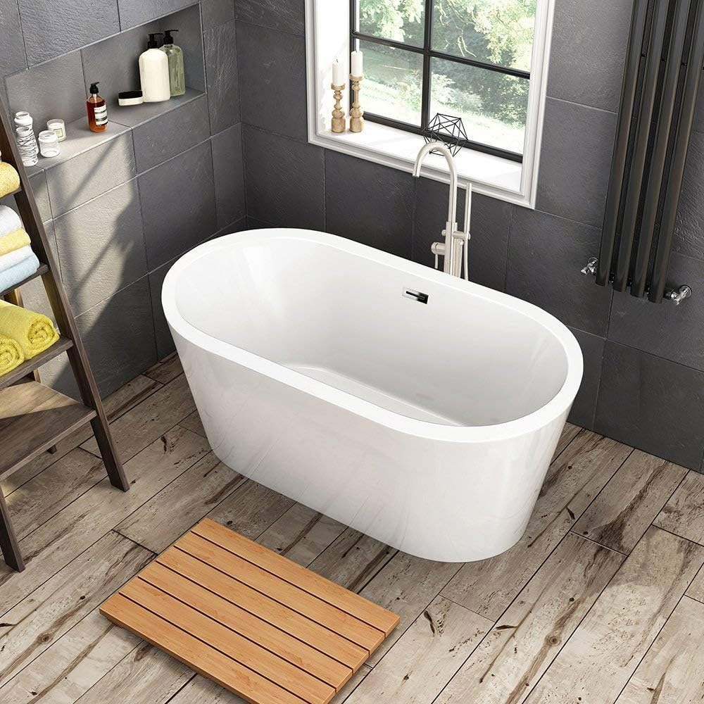 WOODBRIDGE 59' Acrylic Freestanding Bathtub Contemporary Soaking White Tub with Brushed Nickel Overflow and Drain，B0012 -B/N-Drain &O