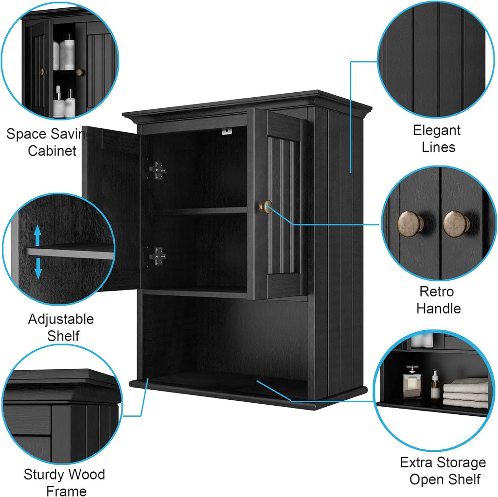 Treocho Wood Wall Cabinet Bathroom Medicine Cabinet Storage with Doors and Adjustable Shelf Wall Mount for Bathroom, Livingroom, Kitchen, Cupboard, Black