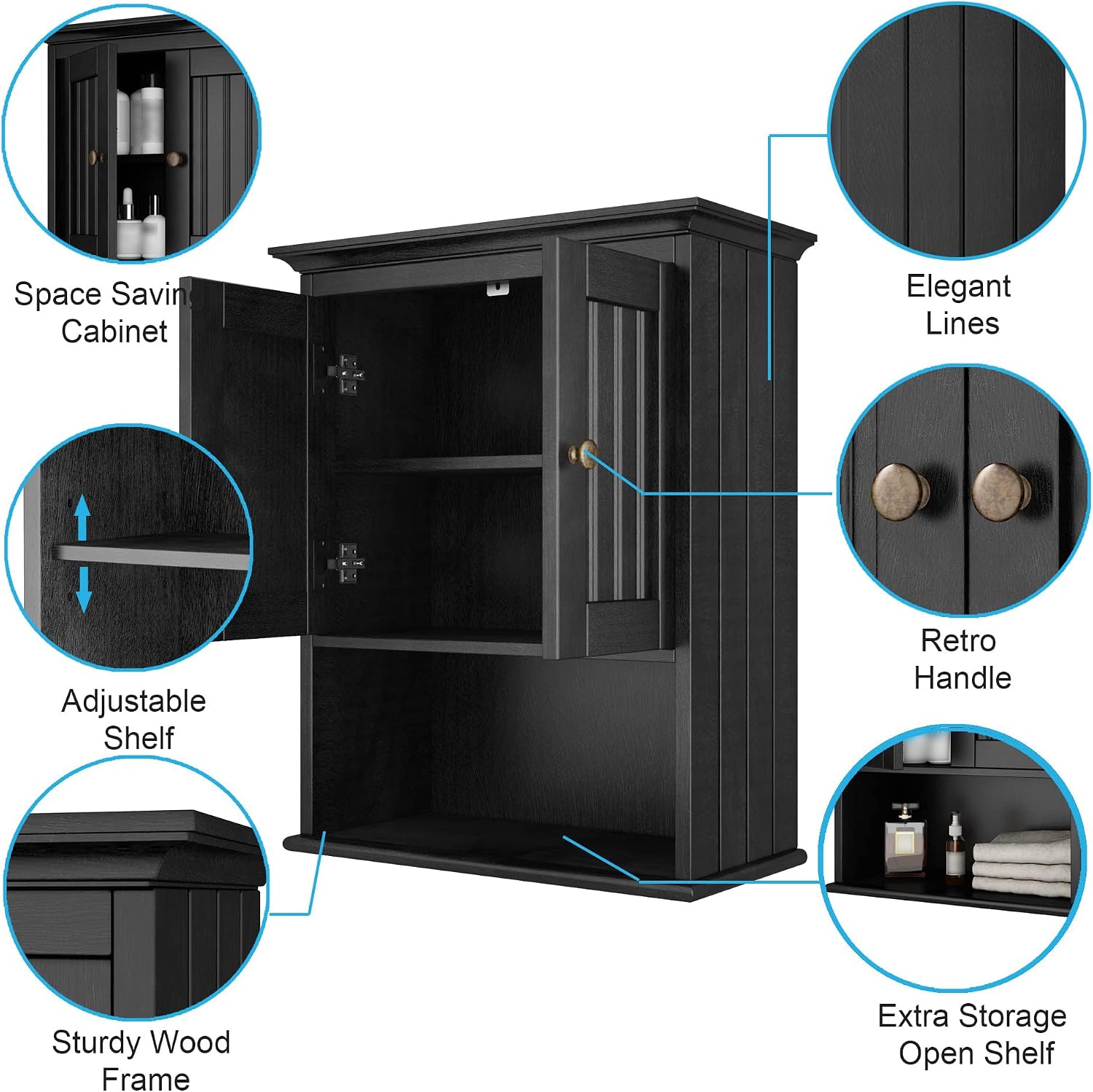 Treocho Wood Wall Cabinet Bathroom Medicine Cabinet Storage with Doors and Adjustable Shelf Wall Mount for Bathroom, Livingroom, Kitchen, Cupboard, Black