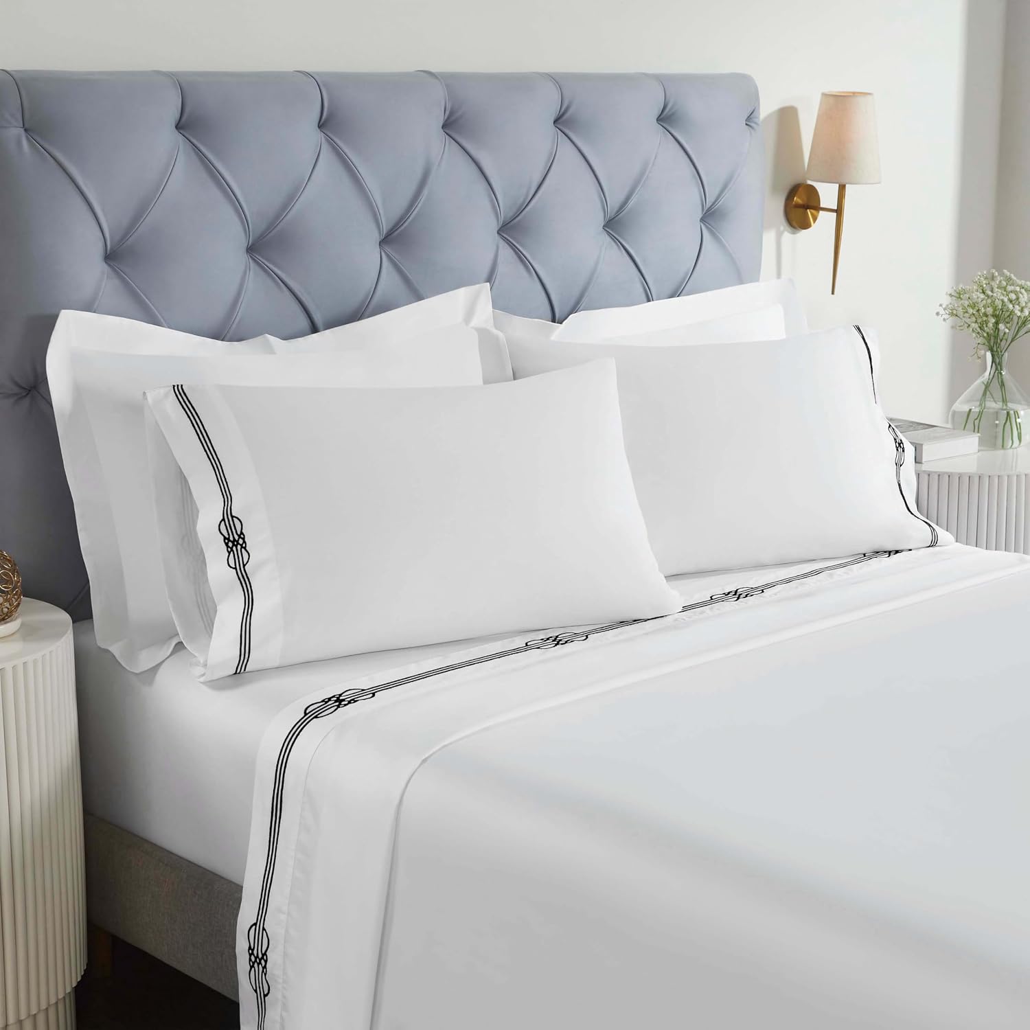 Superior Embroidered Cotton Bed Sheet Set, 1 Elastic Deep Pocket Fitted Sheet, 1 Flat Sheet, 2 Pillowcases, Daily Soft Sheets, Luxury, Elegant Design, Moonlawn Collection, King Size, White/Black