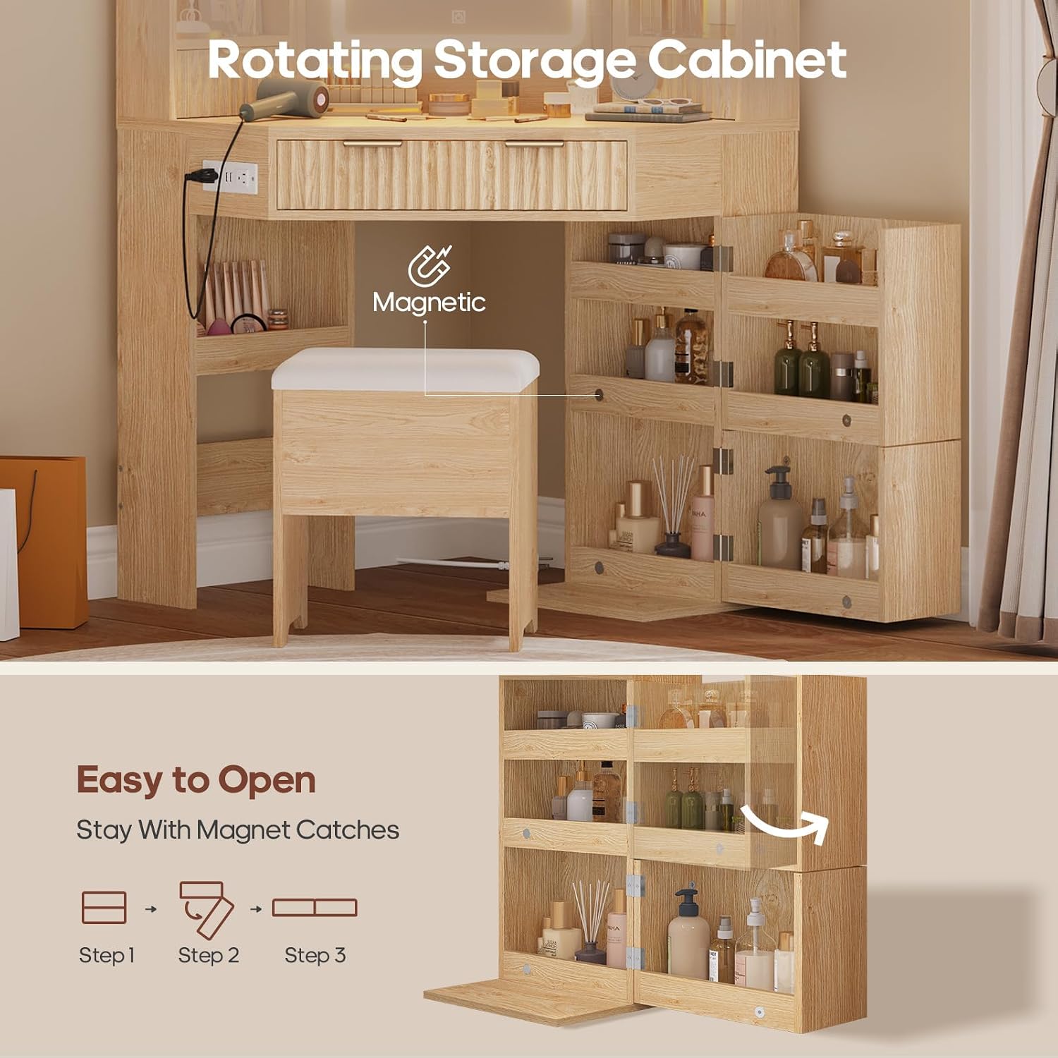 HAUOMS Fluted Corner Vanity Desk with Mirror Lights, Makeup Vanity with Charging Station, Drawers & Rotating Cabinets, Corner Vanity with Storage Bench, for Bedroom, Natural Wood