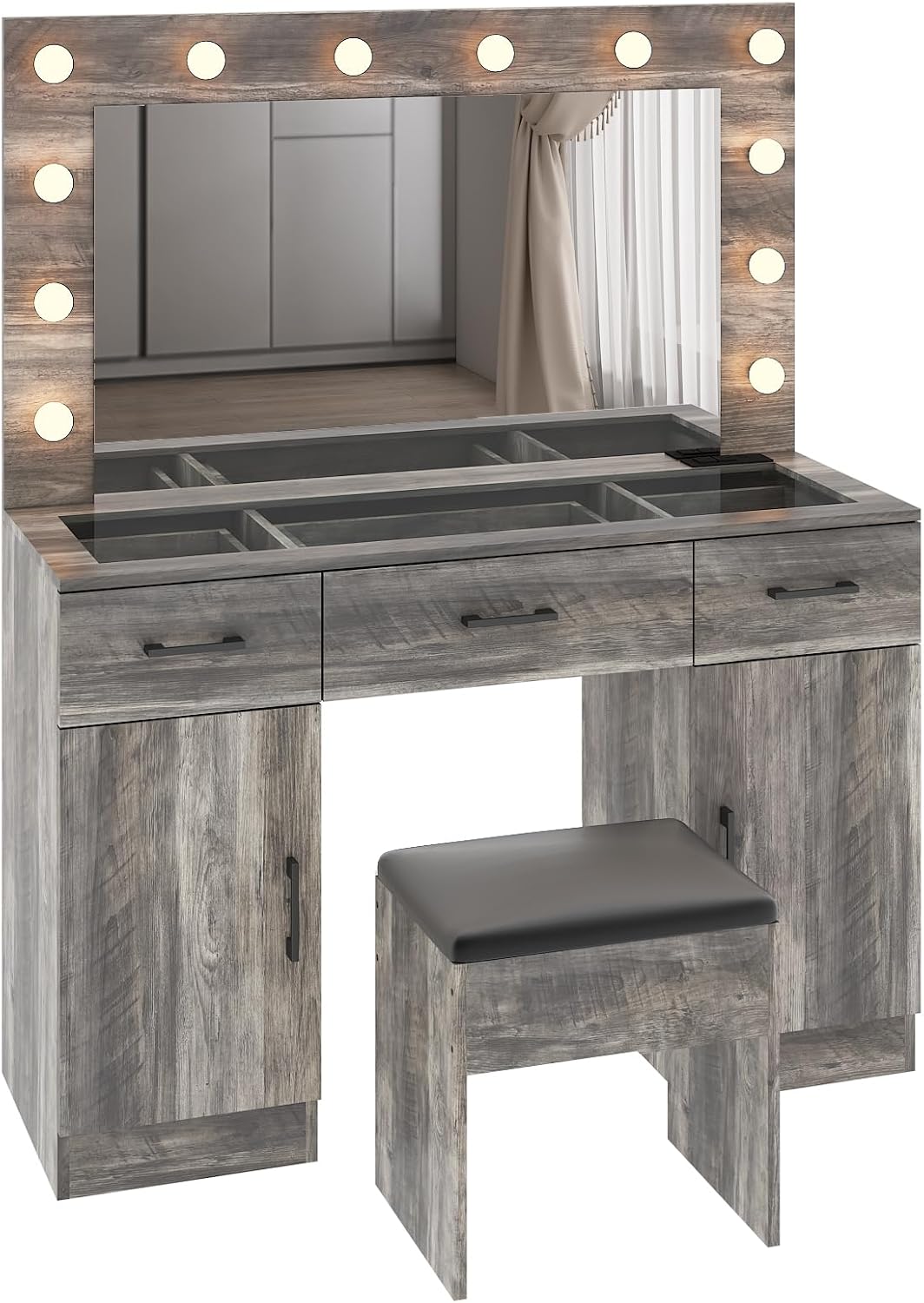 VINGLI Vanity Desk with LED Lighted Mirror & Padded Stool, Makeup Table with Drawers & Cabinets & Power Outlet & Glass Top & 12 Light Bulbs with 3 Colors for Dressing Room Bedroom, Grey