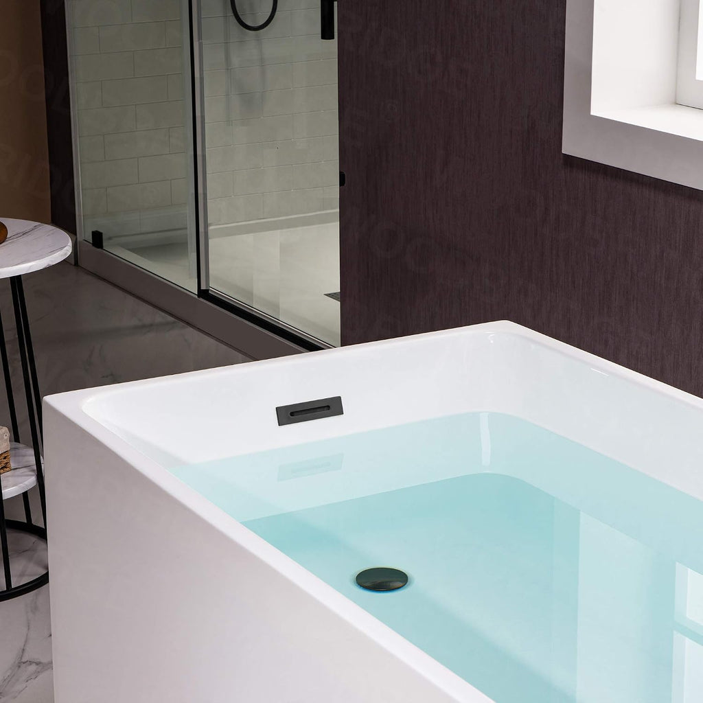 WOODBRIDGE 59' Acrylic Freestanding Bathtub Contemporary Soaking White Tub with Matte Black Overflow and Drain，B0085-MB-Drain&O