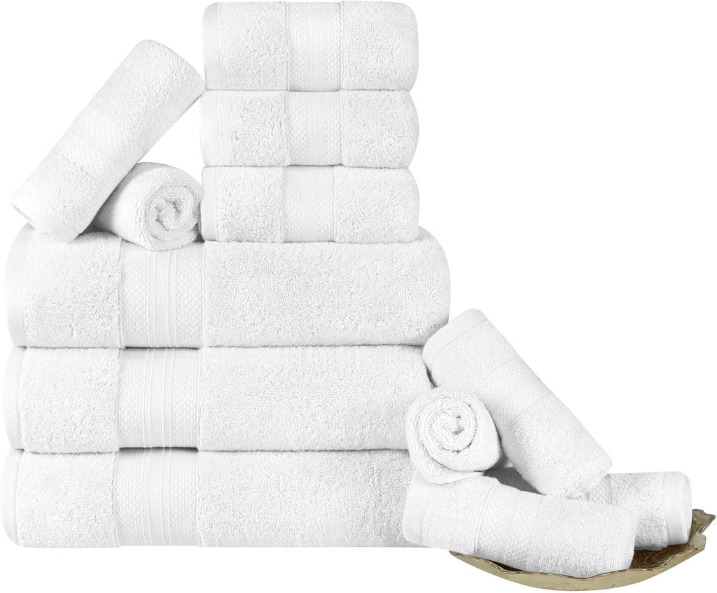 Superior Turkish Cotton 12-Piece Towel Set, 3 Bath, 3 Hand, 6 Face Towels/Washcloth for Home, Guest, Master Bathroom Essentials, Hotel, Resort, Spa, Shower, Adult, Kids, Plush, Soft, White