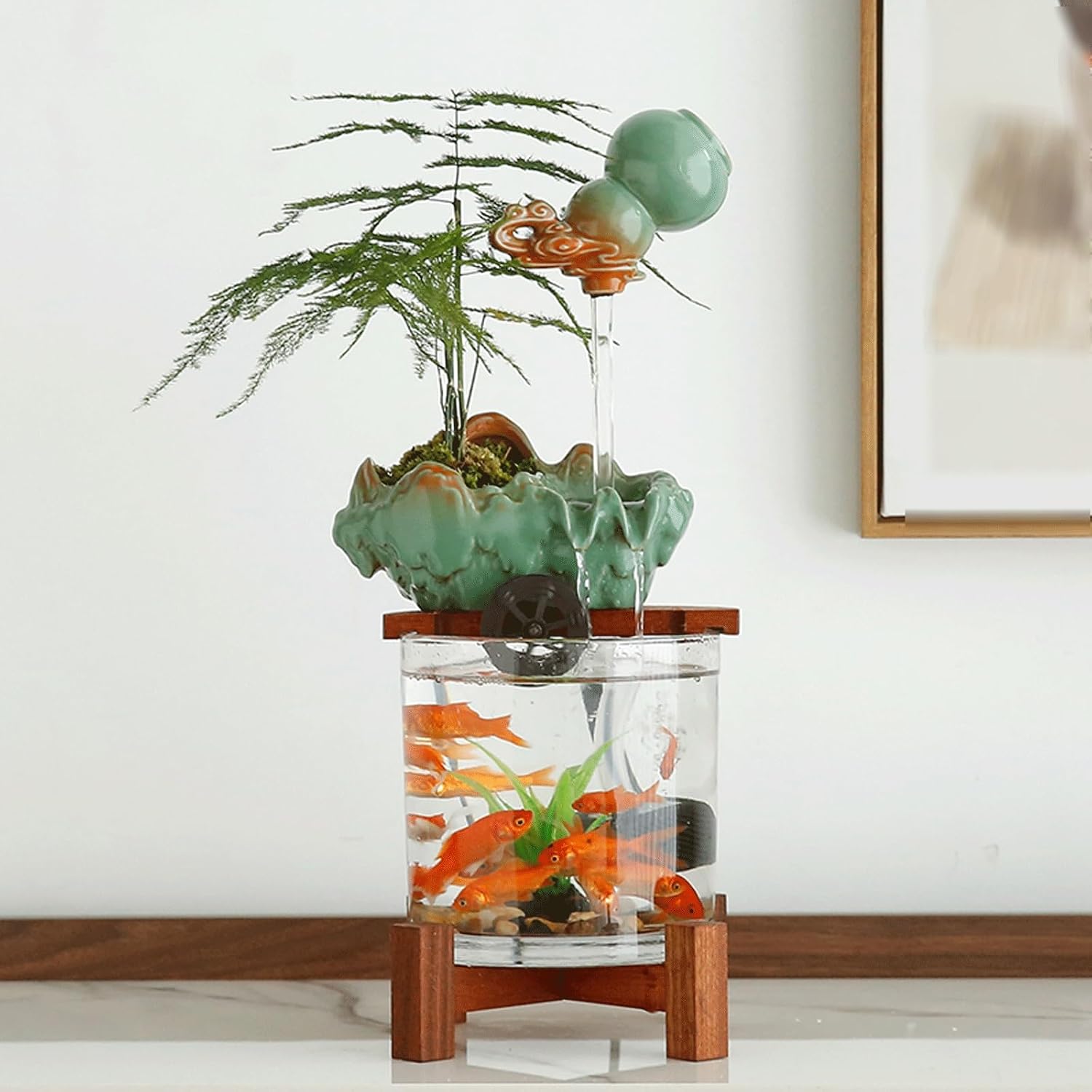 Indoor Floating Gourd Indoor Fountain w/Fish Tank Tabletop Aquarium Waterfall Fountain w/Wooden Base Feng Shui Zen Decor for Home Fuente(Green)