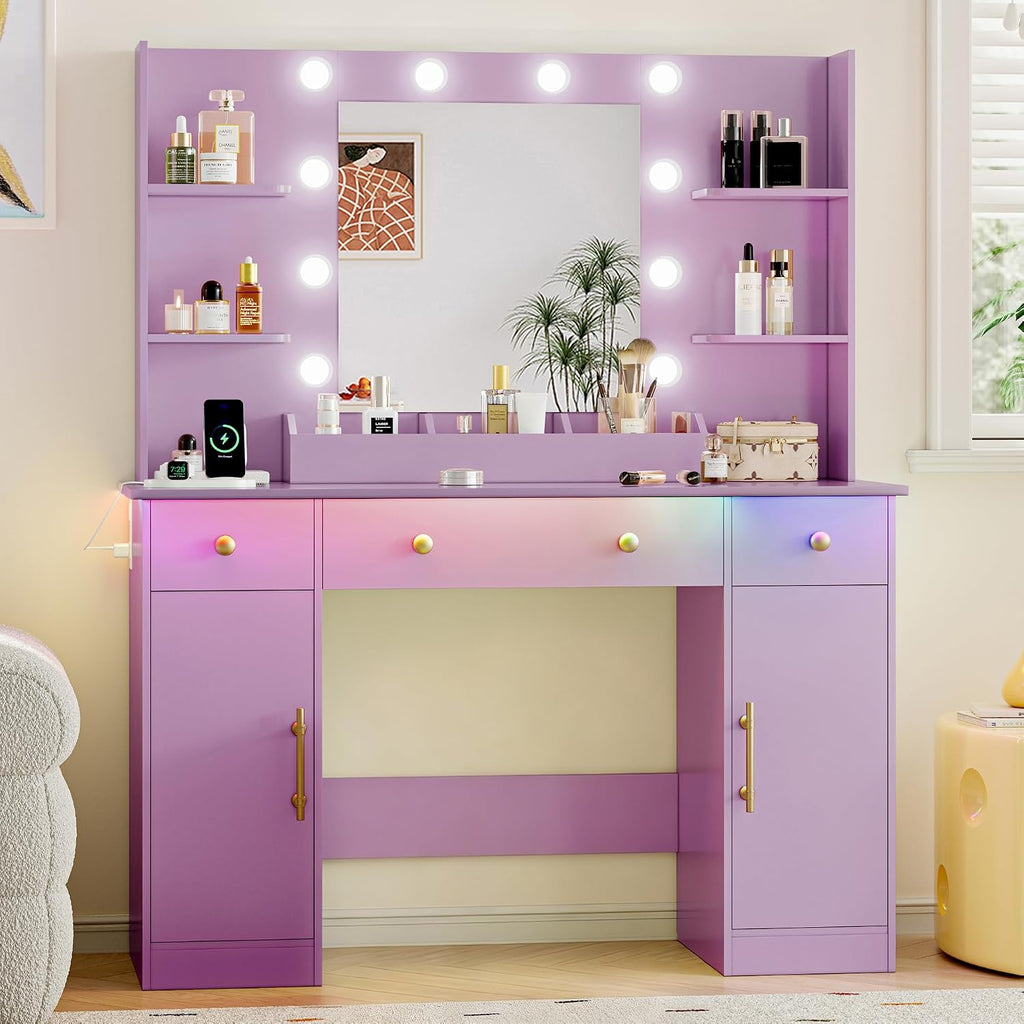 Vanity Desk with Mirror and Lights, 43'' Makeup Dressing Table Set with 5 Drawers & Power Outlet, 3 Lighting Modes Brightness Adjustable, Vanity with RGB Ambient Light for Women Girls Bedroom, Purple
