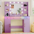 Vanity Desk with Mirror and Lights, 43'' Makeup Dressing Table Set with 5 Drawers & Power Outlet, 3 Lighting Modes Brightness Adjustable, Vanity with RGB Ambient Light for Women Girls Bedroom, Purple