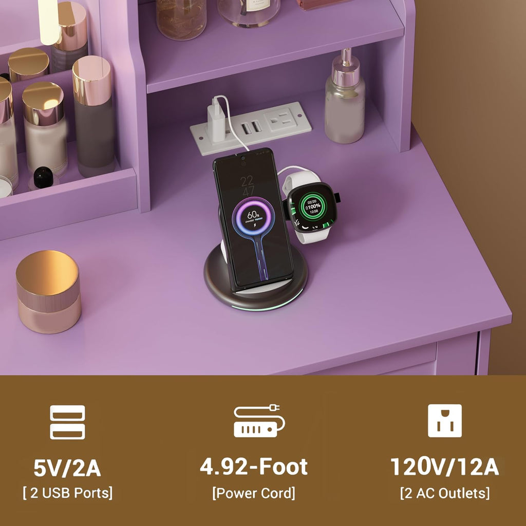 App & Button Controlled RGB Vanity with Arc Mirror, Small Makeup Vanity Table Set with Drawers & Chair, 3 Lighting Modes & Adjustable Brightness with Power Outlet, Vanity for Women Girls Bedroom