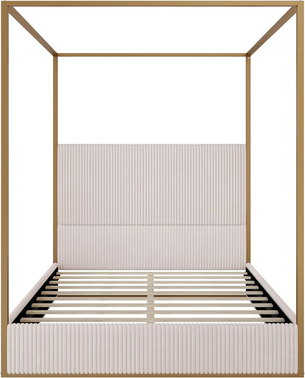 Modern Luxury 4-Poster Canopy Platform Bed Queen Size with Velvet Upholstered Tall Headboard, Metal Canopied Design Platform Bed Frame with Strong Slats Support (Beige+Gold)