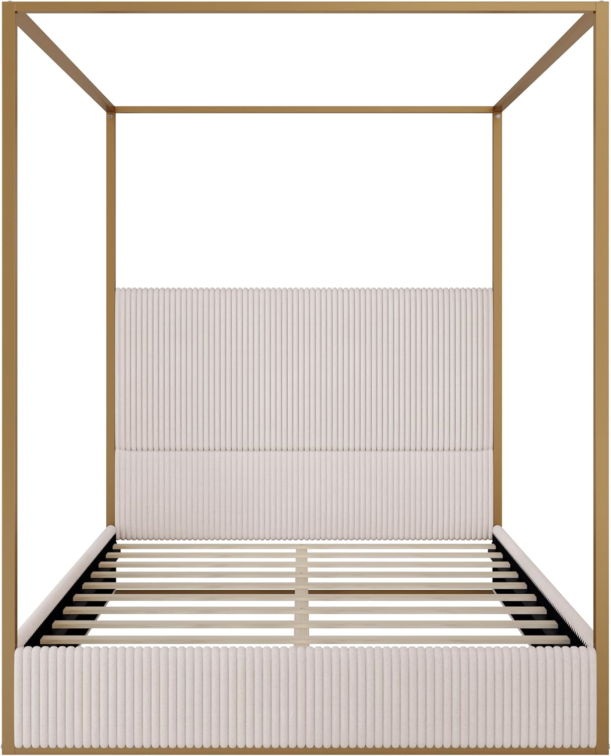 Modern Luxury 4-Poster Canopy Platform Bed Queen Size with Velvet Upholstered Tall Headboard, Metal Canopied Design Platform Bed Frame with Strong Slats Support (Beige+Gold)